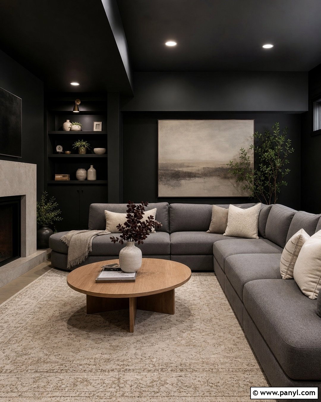 Black Basement Walls With Gray Sectional - 30 Black Basement Walls