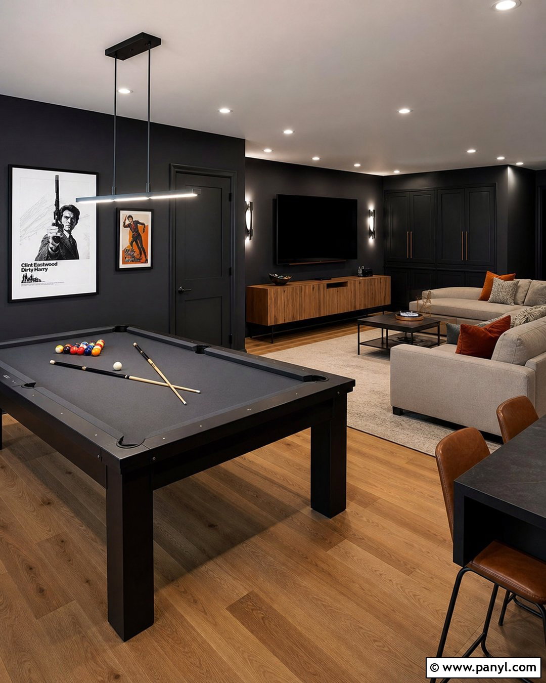 Black Basement Walls With Sectional And Pool Table - 30 Black Basement Walls