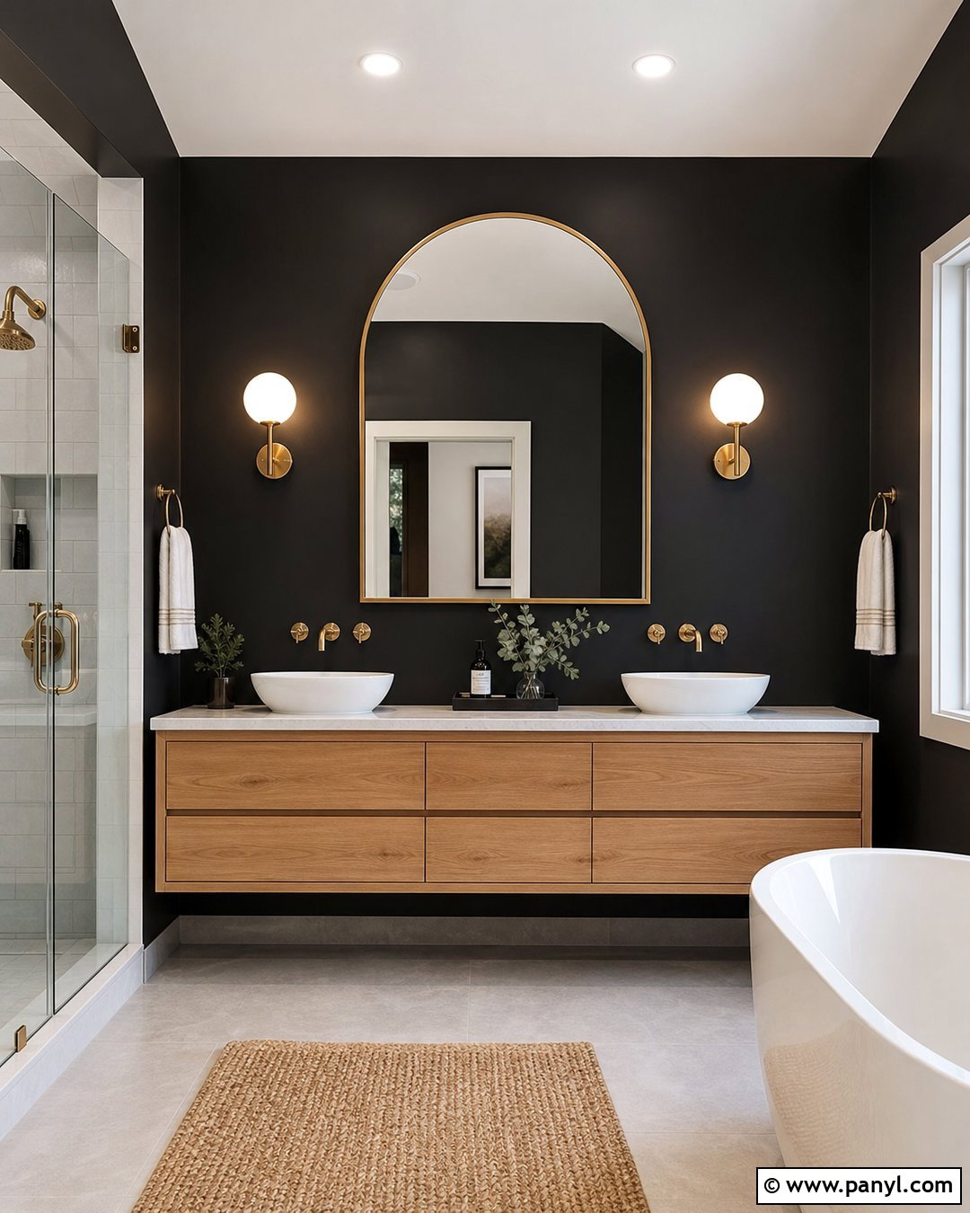 Black Bathroom Walls With Arched Mirror - 30 black walls bathroom ideas