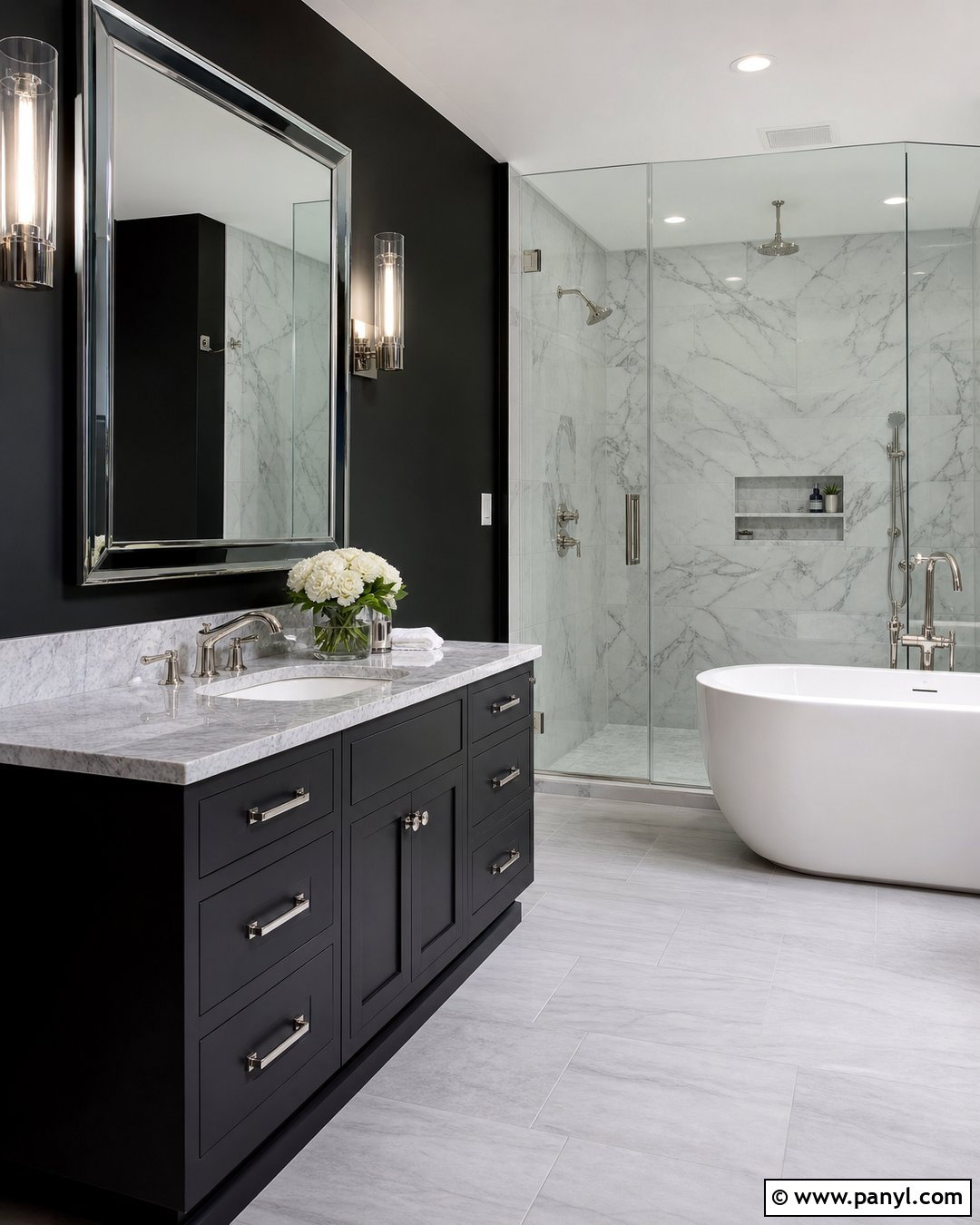 Black Bathroom Walls With Carrara Marble - 35 black bathroom walls