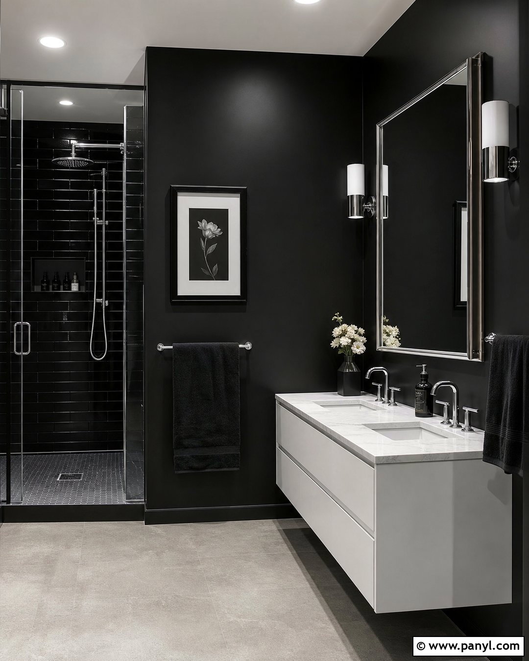Black Bathroom Walls With Chrome Fixtures - 35 black bathroom walls