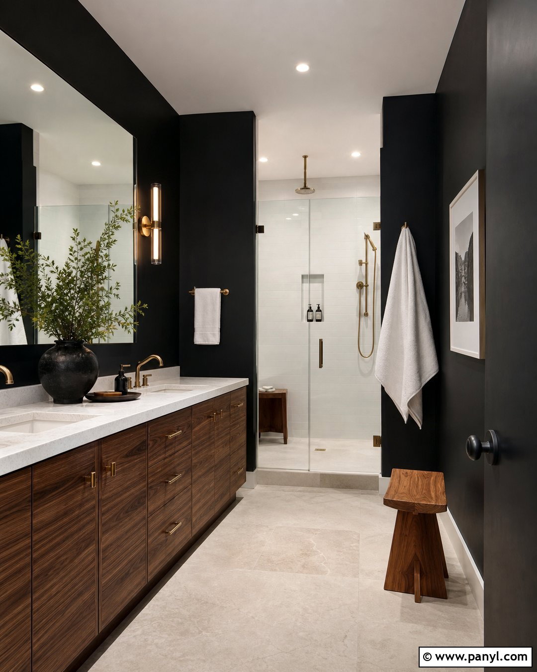 Black Bathroom Walls With Walnut Vanity - 35 black bathroom walls