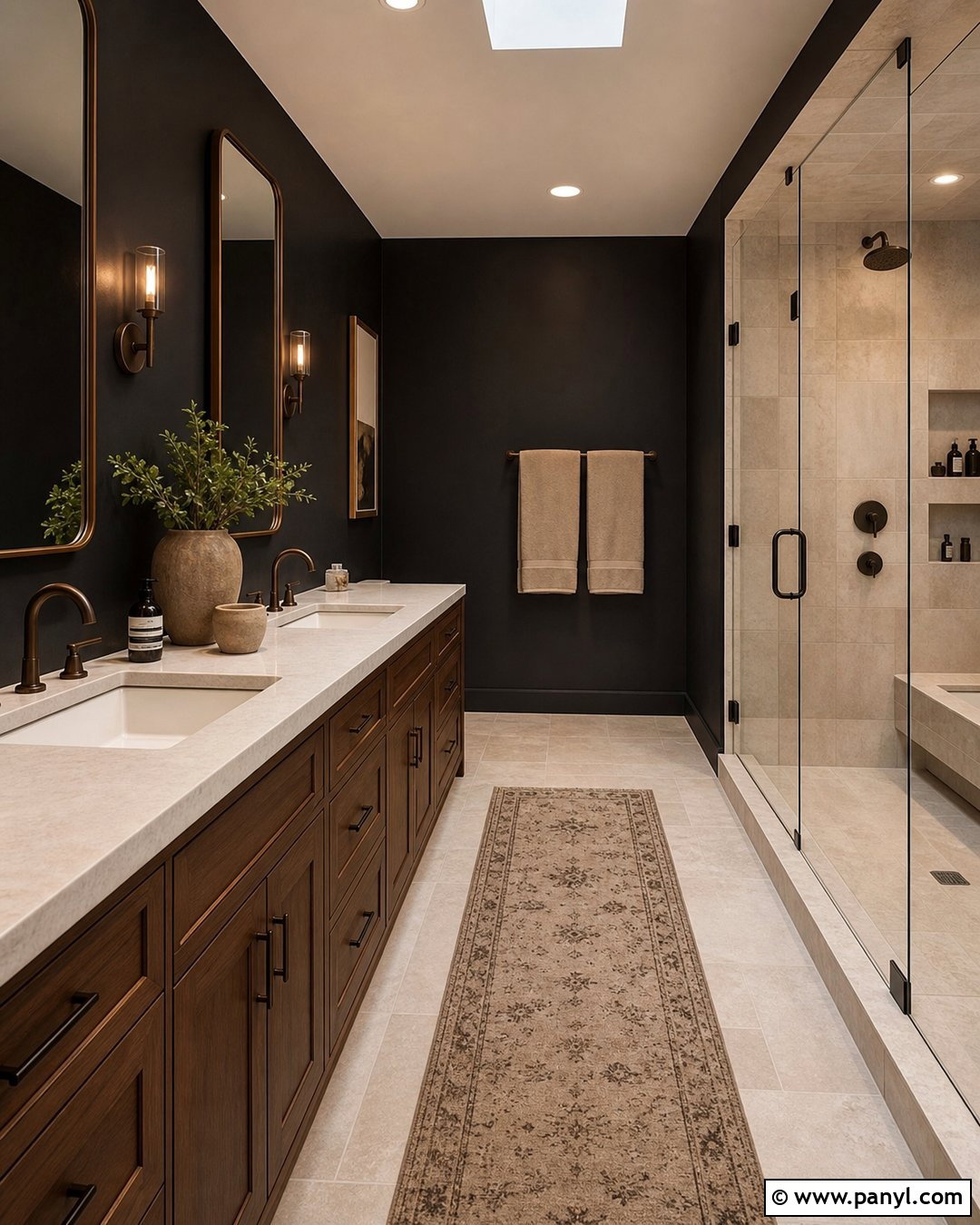 Black Bathroom Walls With Walnut Vanity - 30 black walls bathroom ideas