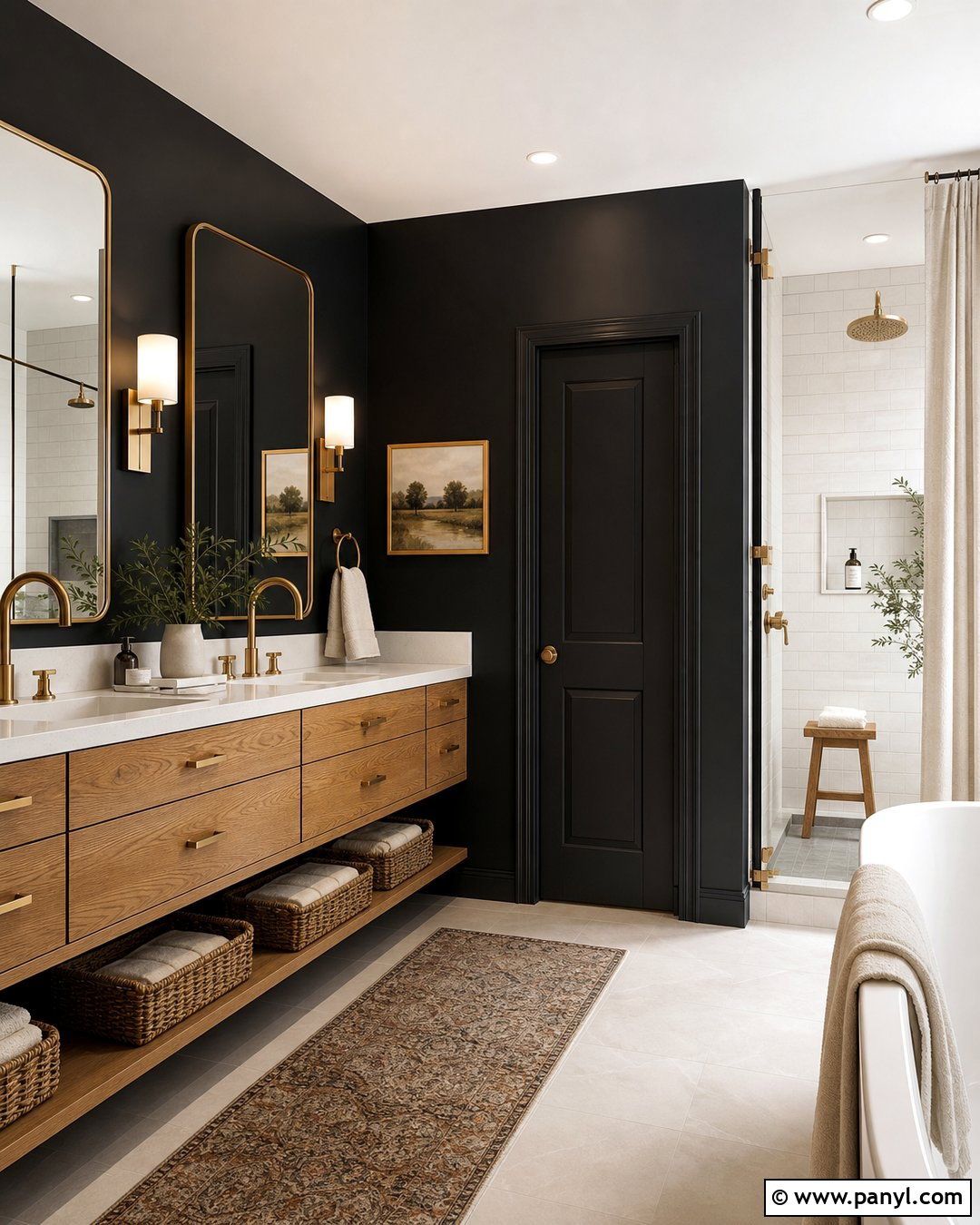 Black Bathroom Walls With Warm Oak Vanity - 35 black bathroom walls