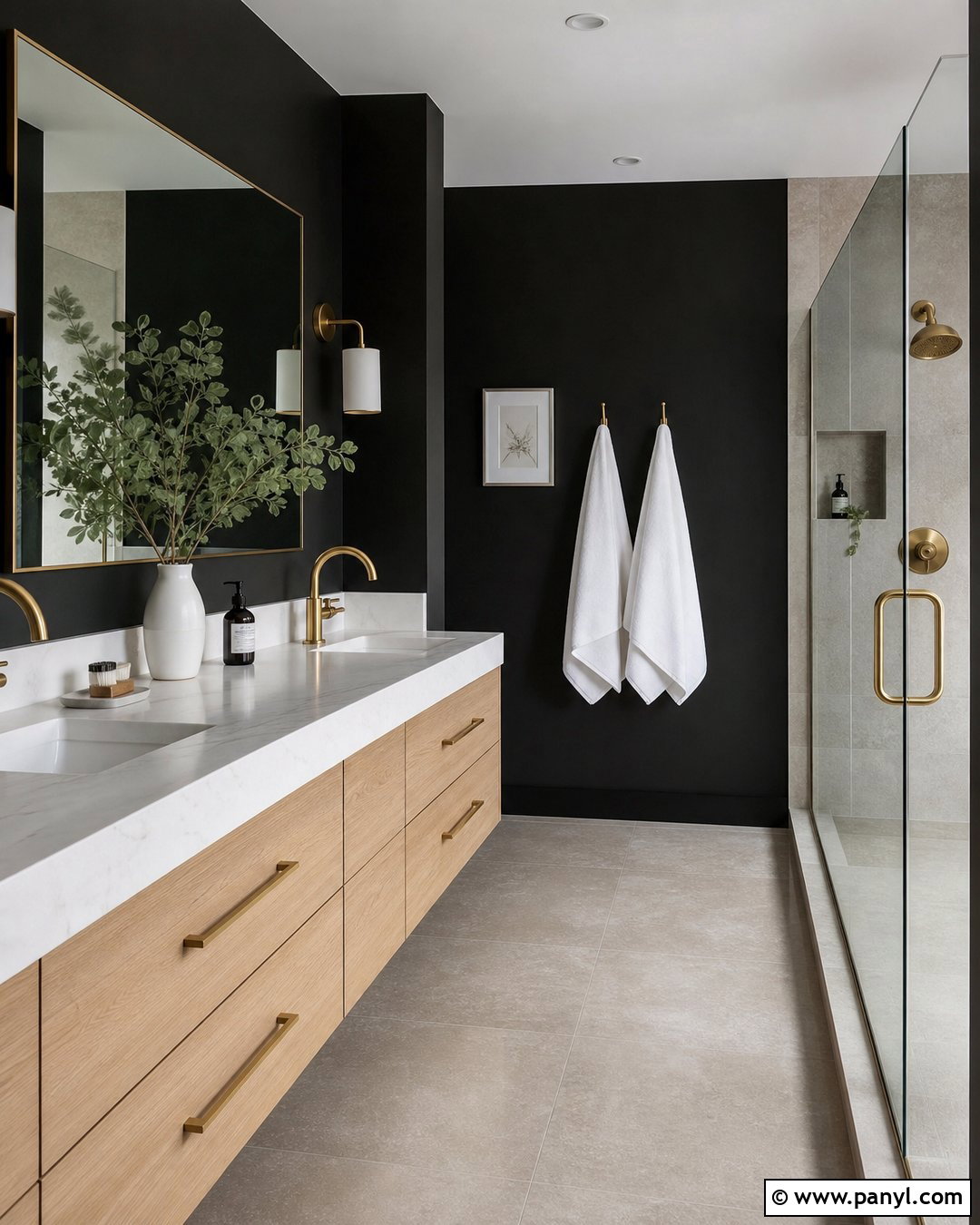 Black Bathroom Walls With White Oak Vanity - 30 Dark Bathroom Walls