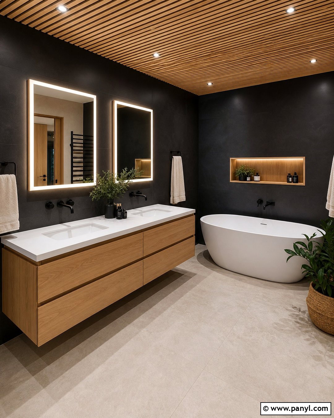 Black Bathroom Walls With Wood Slat Ceiling - 35 black bathroom walls