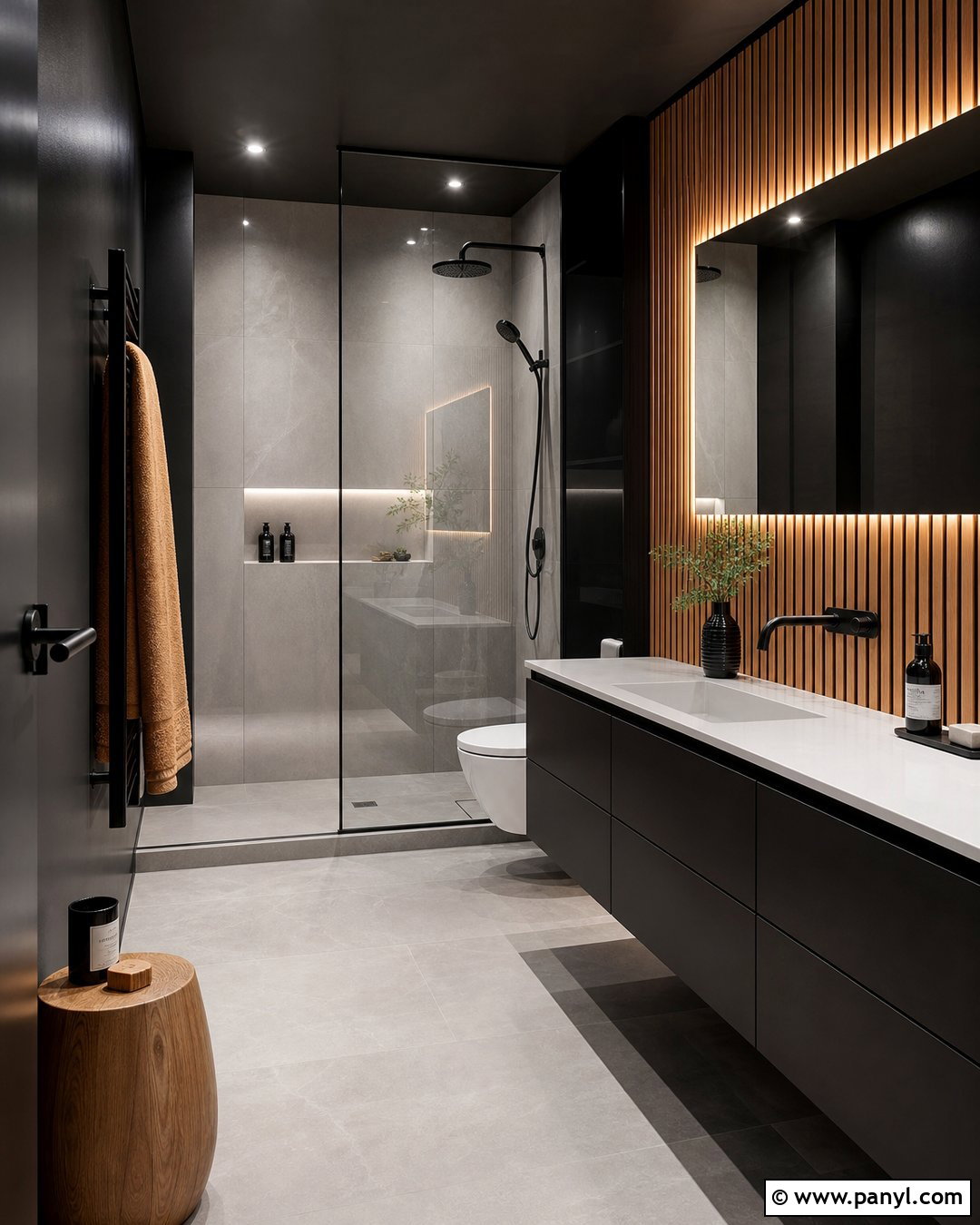 Black Bathroom Walls With Wood Slats - 30 Bathroom Dark Walls
