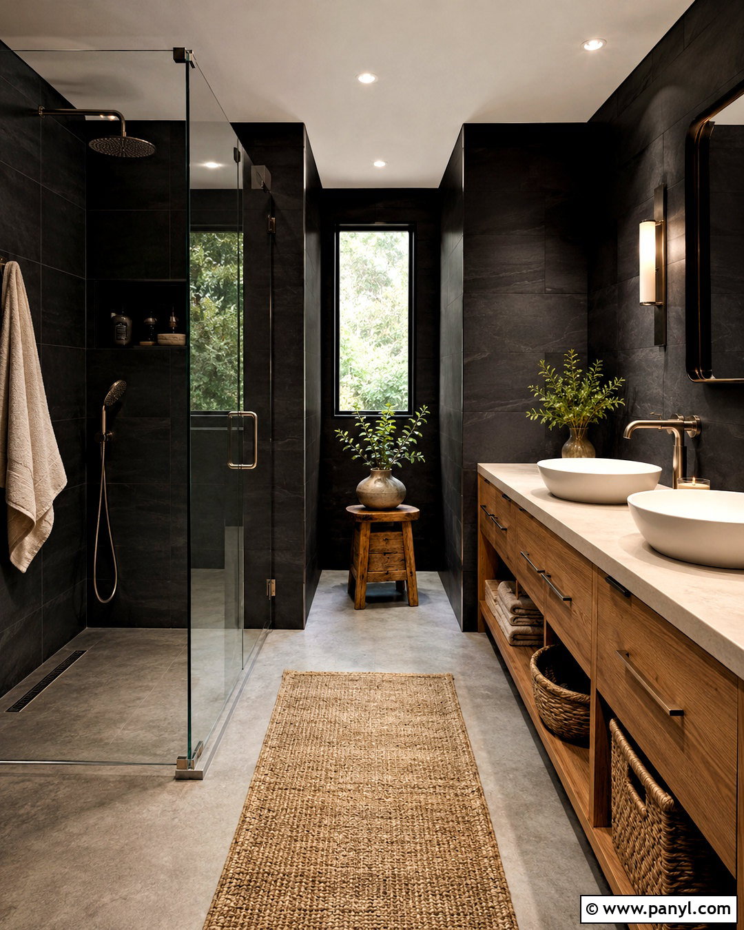 Black Bathroom With Natural Wood Vanity - 20 black bathroom aesthetic ideas