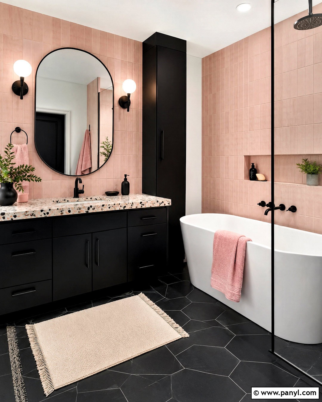Black Bathroom With Pink Accents - 20 black bathroom aesthetic ideas