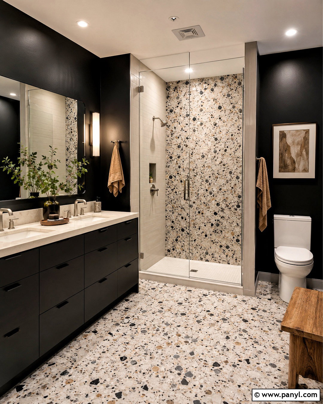 Black Bathroom With Terrazzo Floor - 20 black bathroom aesthetic ideas