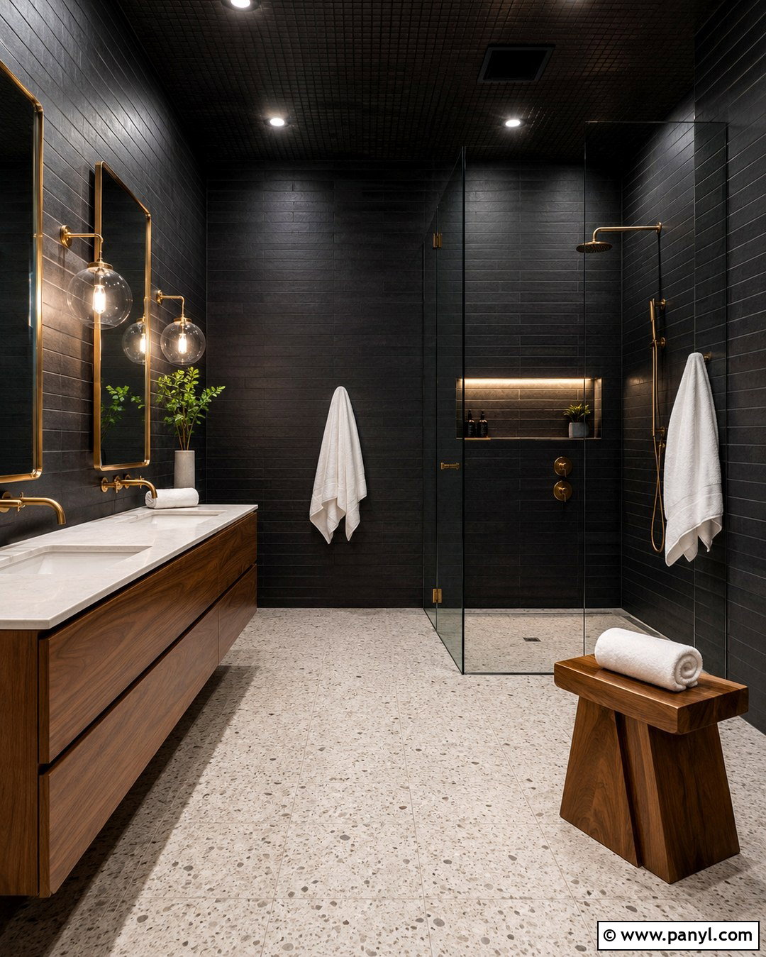 Black Bathroom With Walnut Vanity - 20 Black Wall Black Ceiling Ideas