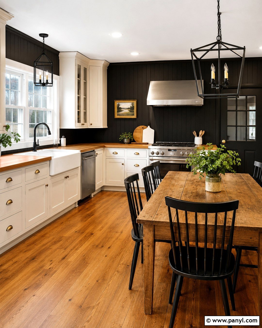 Black Beadboard Kitchen Wall With Farmhouse Cabinets - 20 dark wall in kitchen ideas