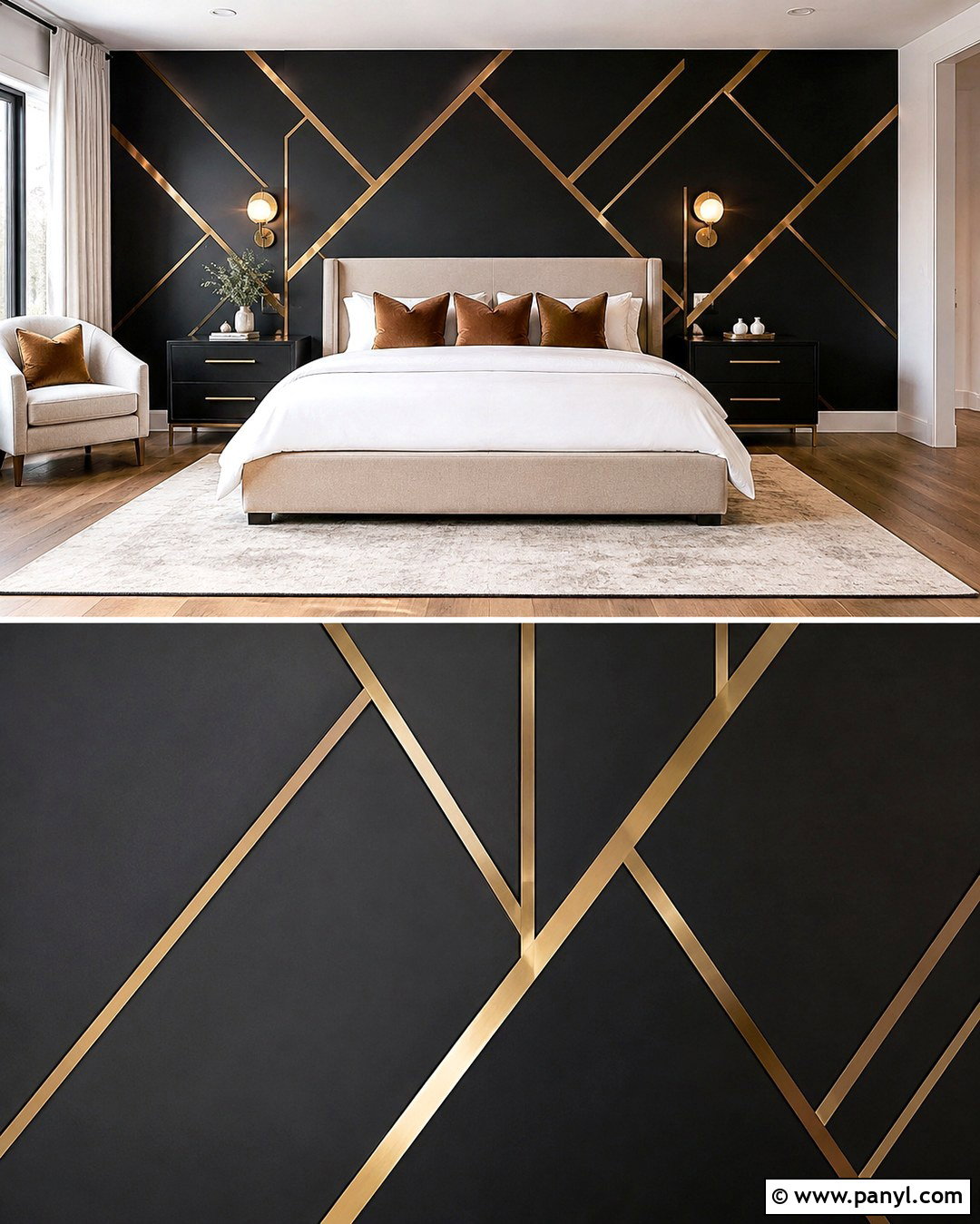 Black Bedroom Wall With Geometric Gold Trim - 20 Black Walls Gold Trim Ideas