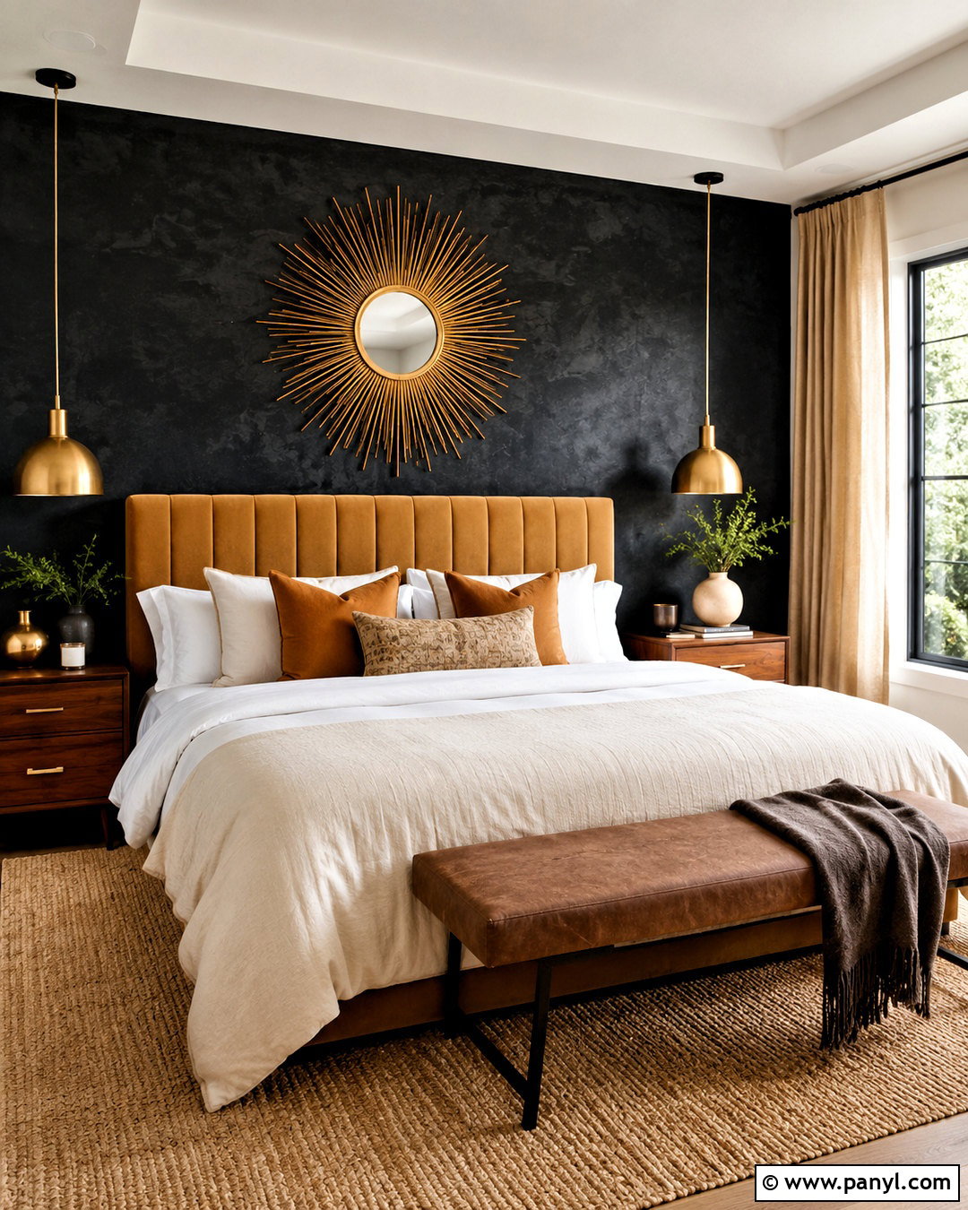 Black Bedroom Wall With Gold Sunburst Decor - 20 black and gold accent wall ideas