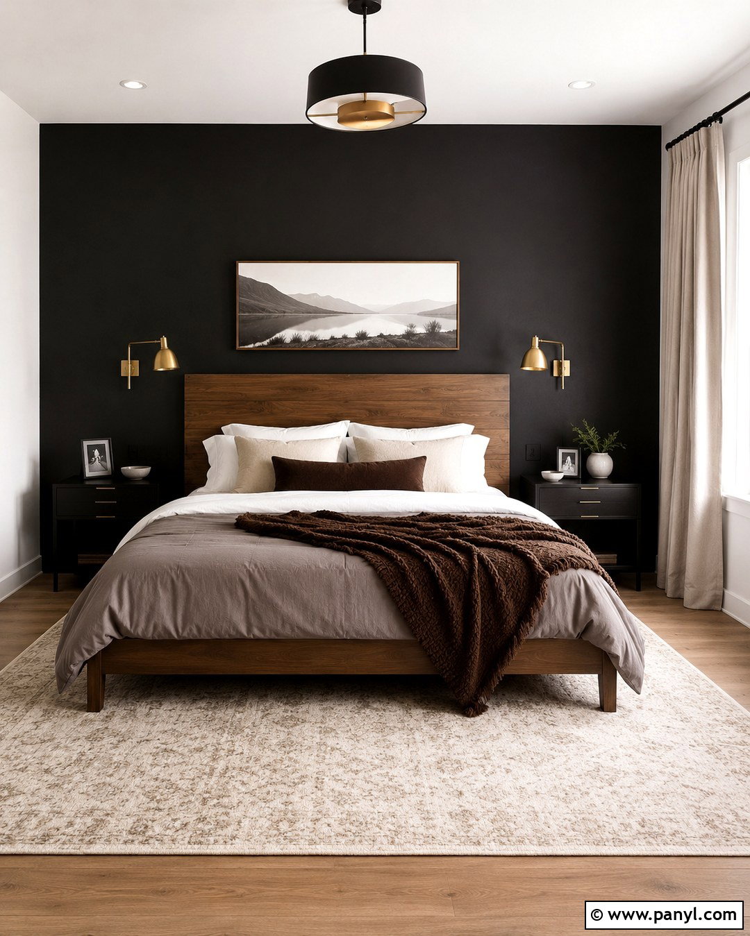 Black Bedroom Wall With Walnut Bed - 20 Brown Black Accent Wall Ideas