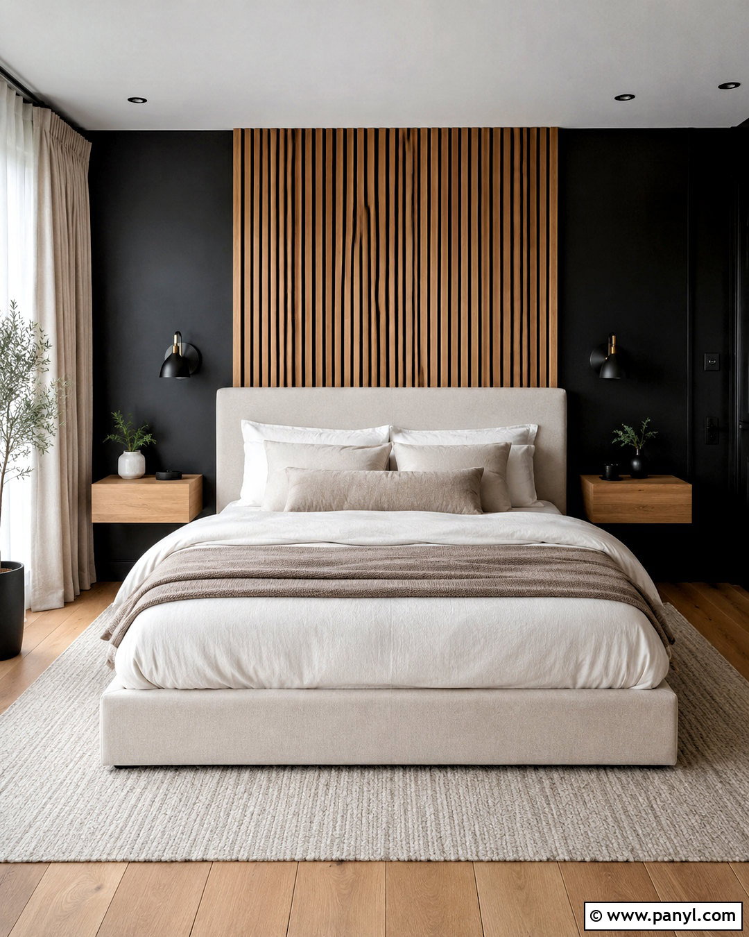 Black Bedroom Wall With Wood Slat Headboard - 20 black wall with wood slats