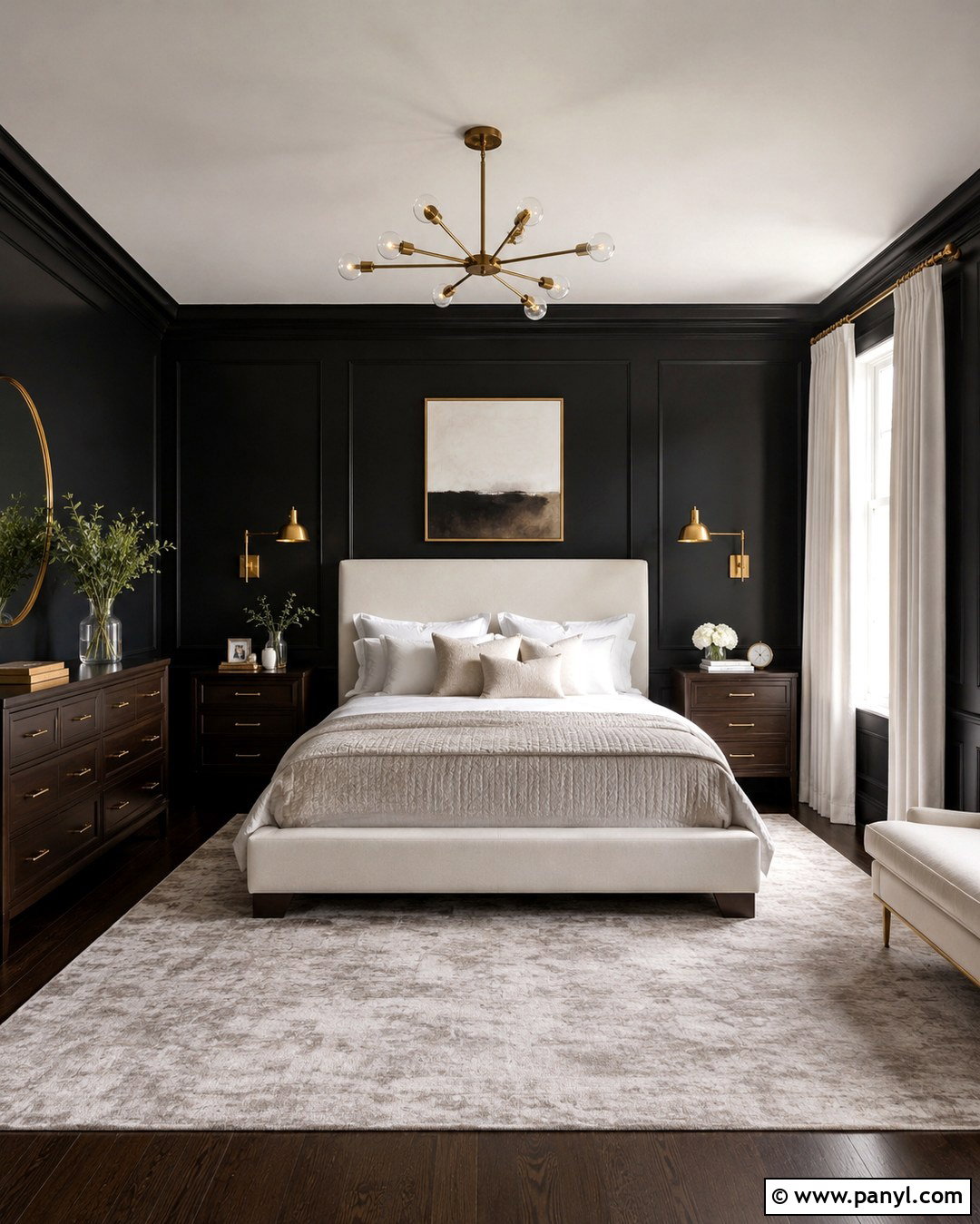 Black Bedroom Walls With Brass Accents - 20 Dark Wall Master Room Ideas