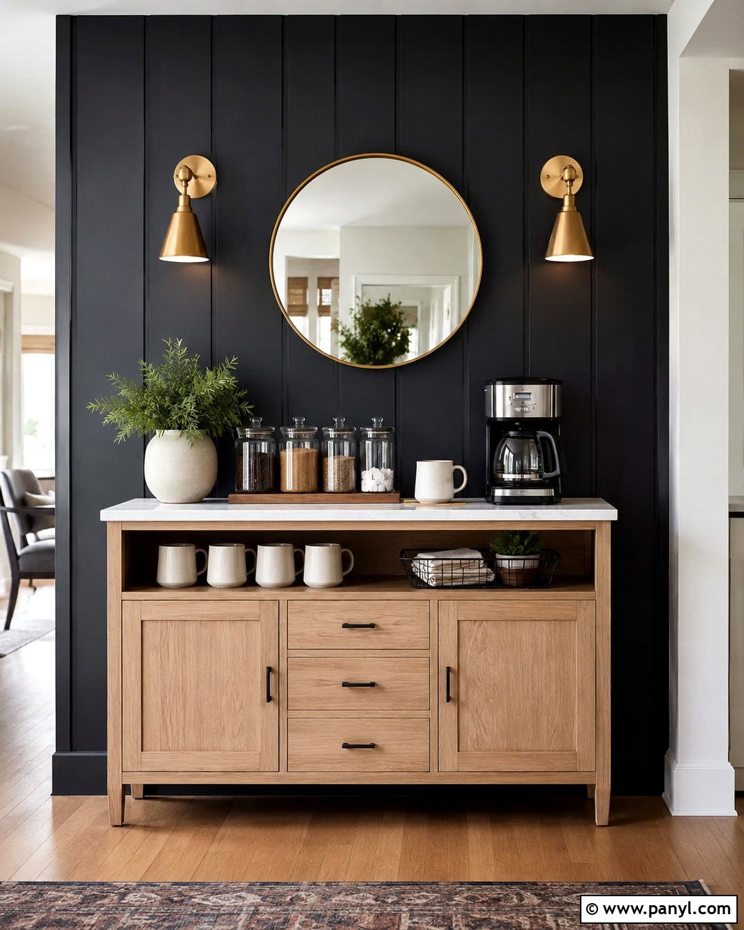 Black Board And Batten Coffee Bar - 20 Black Accent Wall Coffee Bar Ideas