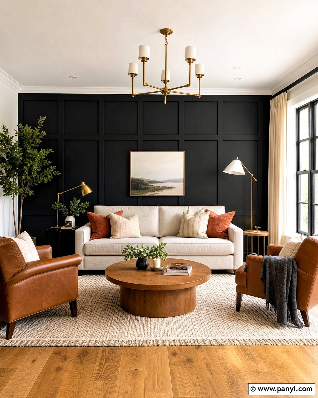 Black Board And Batten Living Room - 20 black panel wall ideas
