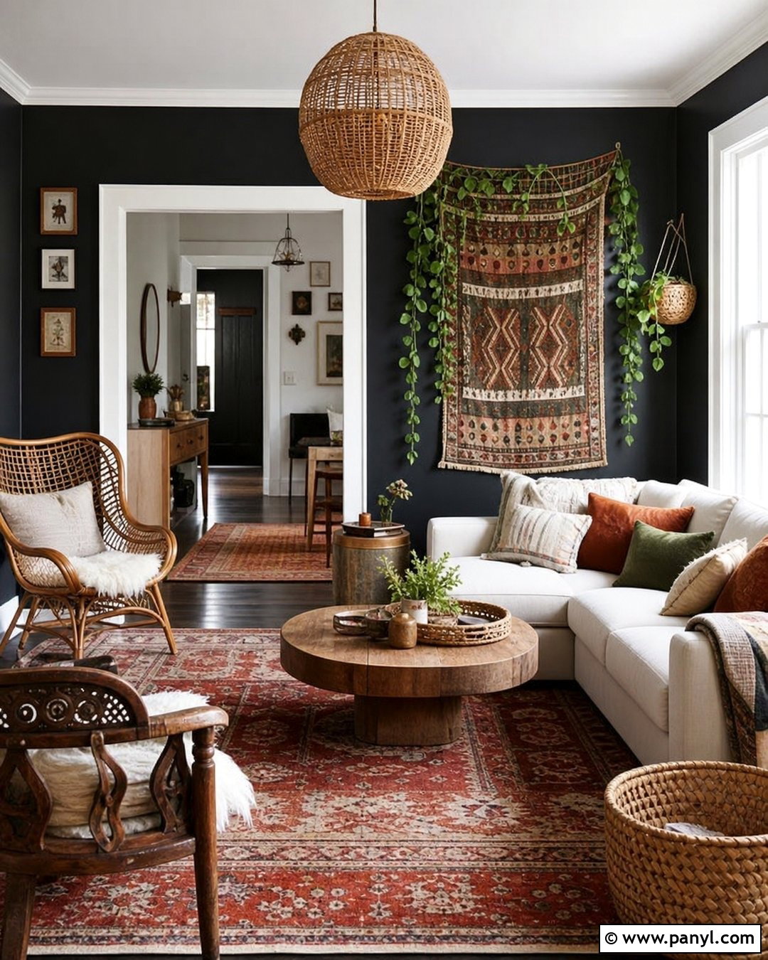 Black Boho Living Room With White Trim - 30 Black Walls White Trim Ideas
