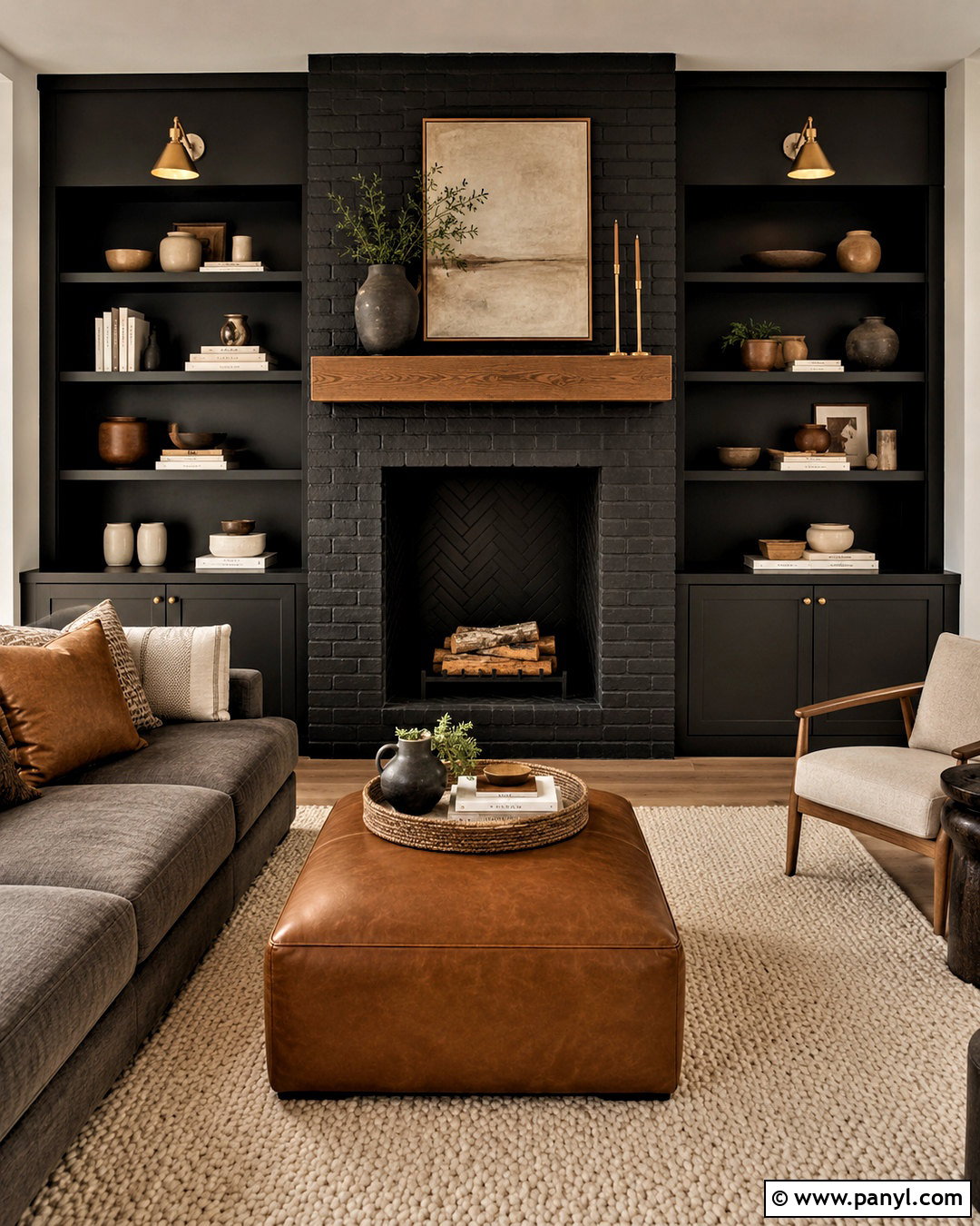 Black Brick Fireplace With Black Built-Ins - 20 black painted brick fireplace ideas