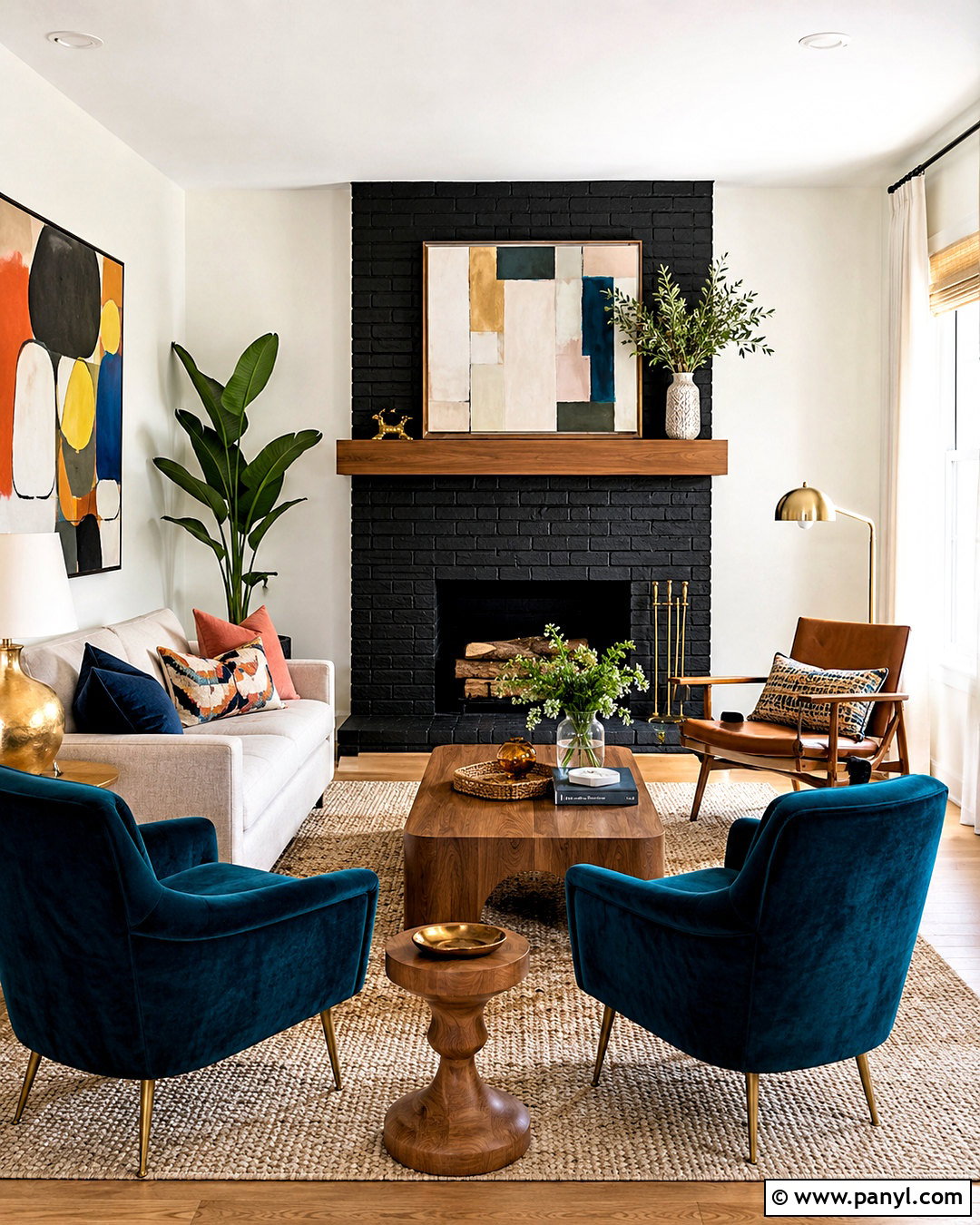 Black Brick Fireplace With Colorful Seating - 20 black painted brick fireplace ideas