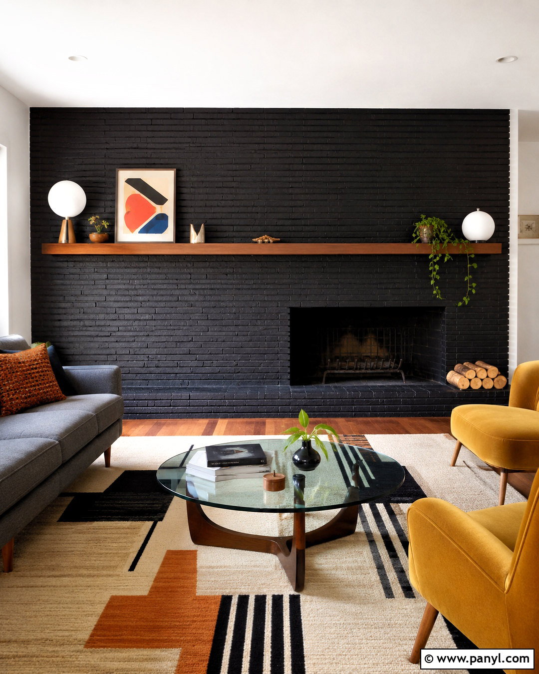 Black Brick Fireplace With Midcentury Decor - 20 black painted brick fireplace ideas