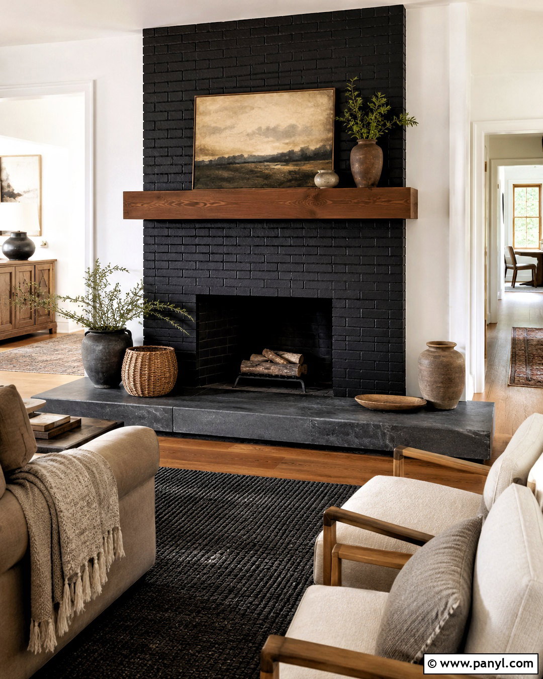 Black Brick Fireplace With Stone Hearth - 20 black painted brick fireplace ideas