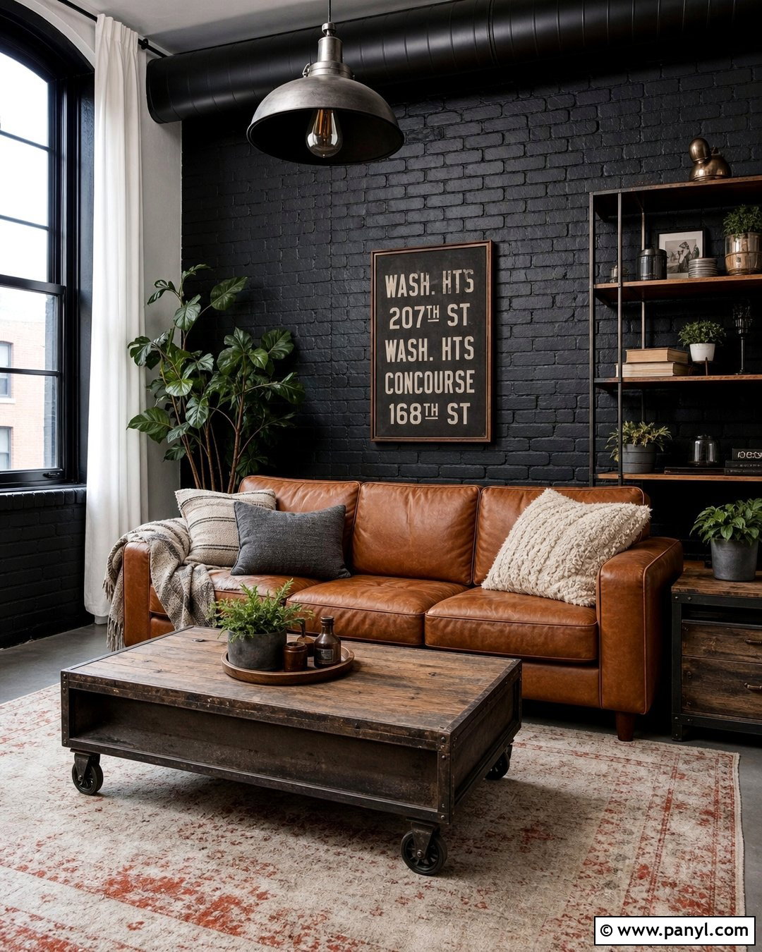 Black Brick Wall Industrial Living Room - 30 Black Wall Interior Ideas
