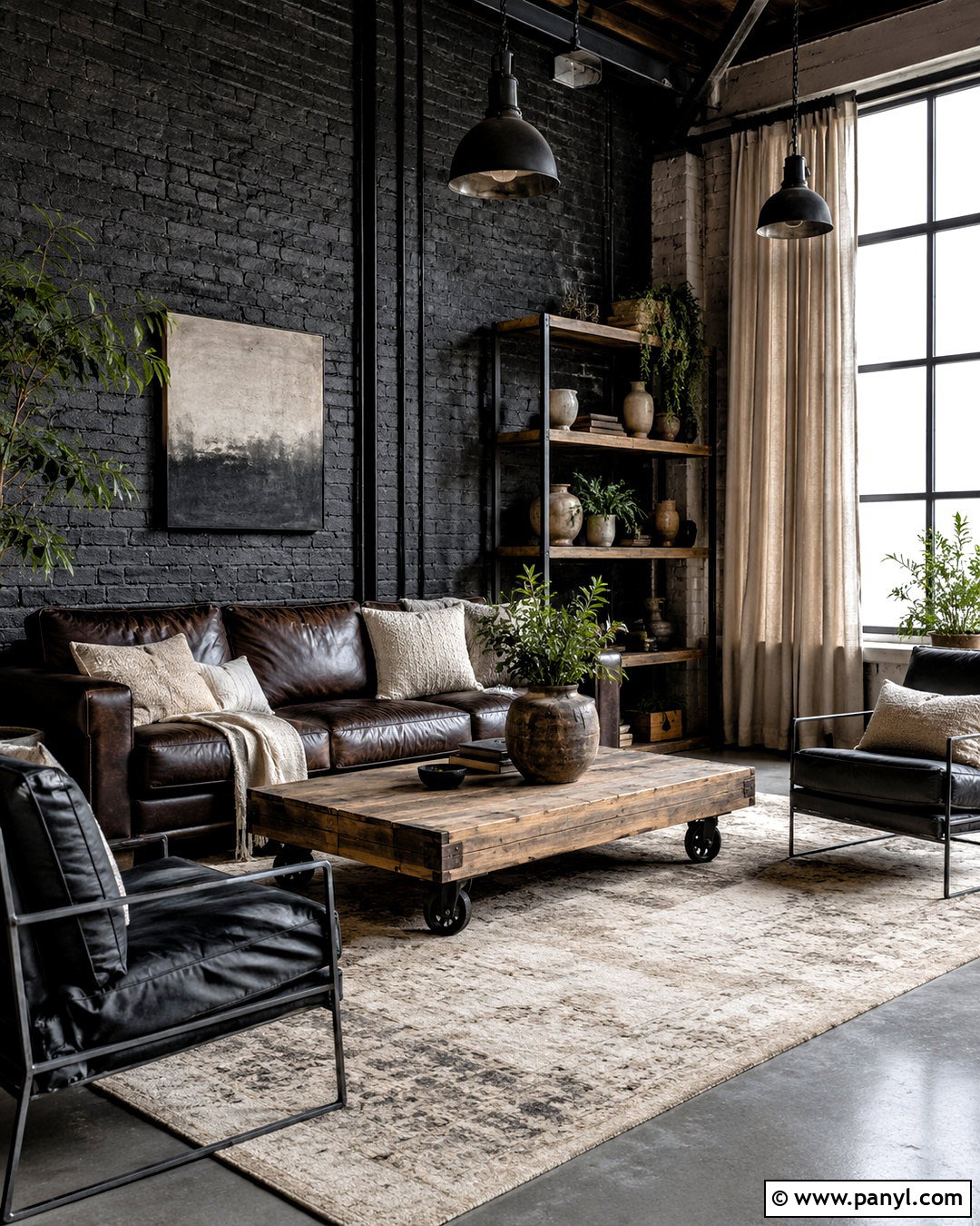 Black Brick Wall With Industrial Furniture - 20 black walls living room ideas
