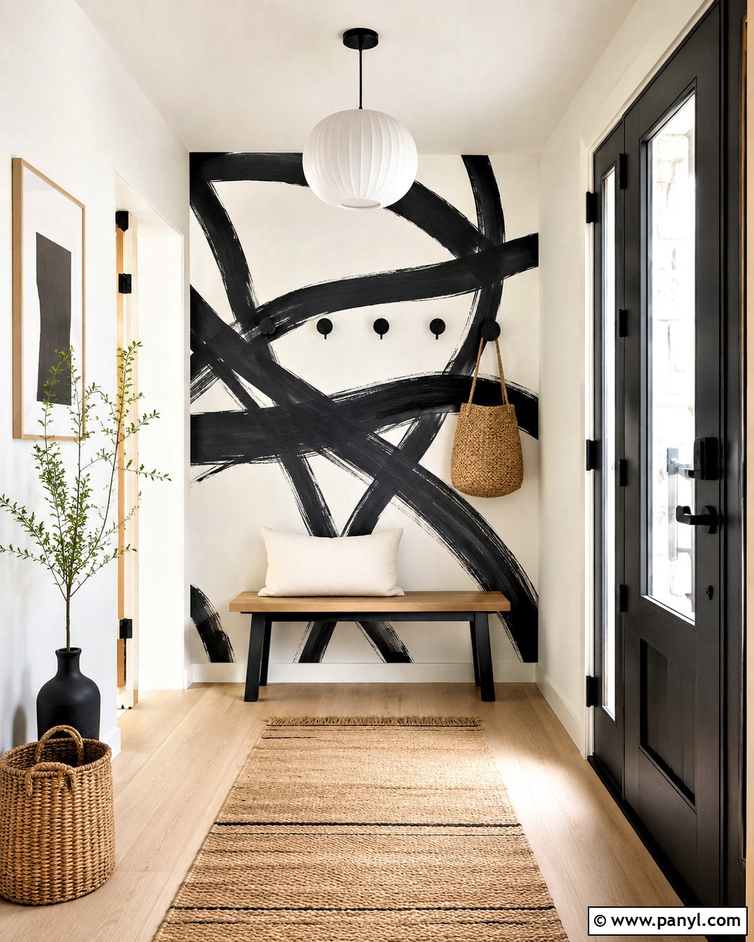 Black Brushstroke Entryway Accent Wall - 20 White And Black Accent Wall Ideas