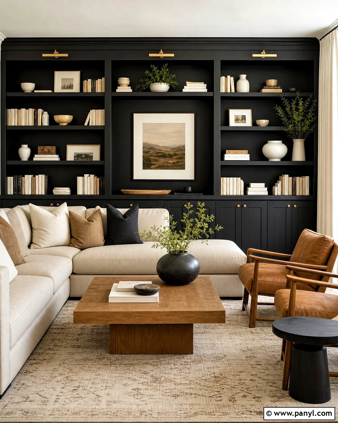 Black Built-In Accent Wall - 20 dark accent wall living room ideas