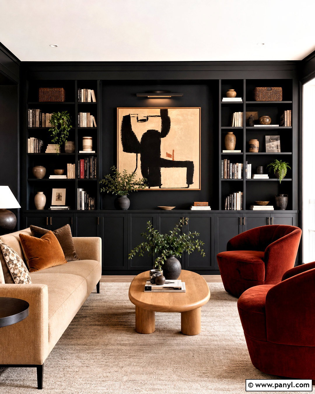 Black Built-In Bookshelf Wall - 20 black feature wall living room ideas