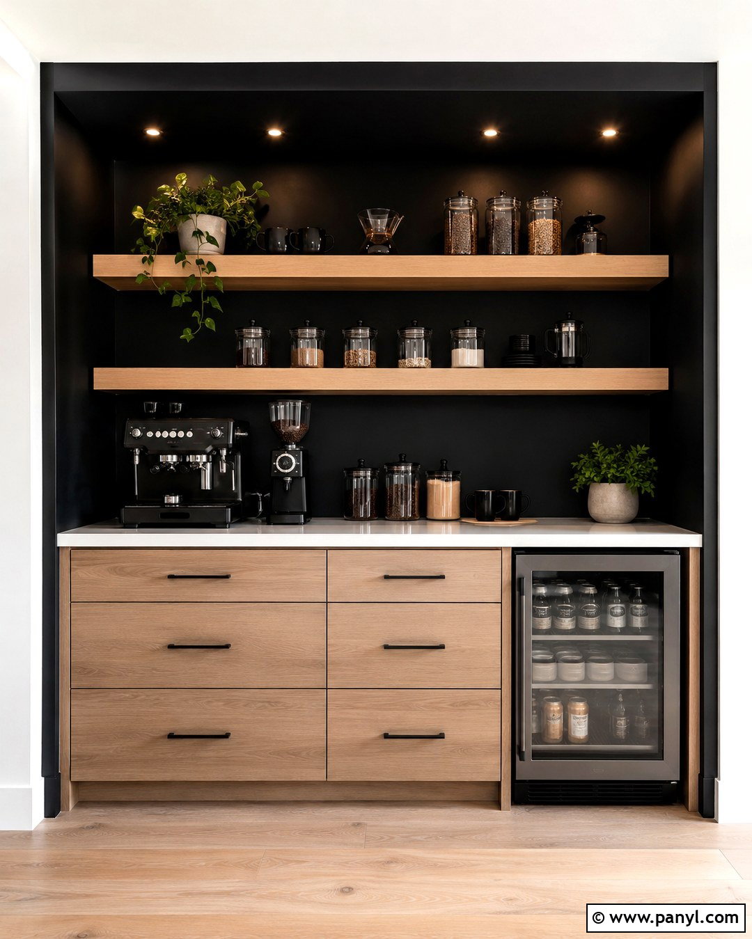 Black Built-In Coffee Bar - 20 Black Accent Wall Coffee Bar Ideas