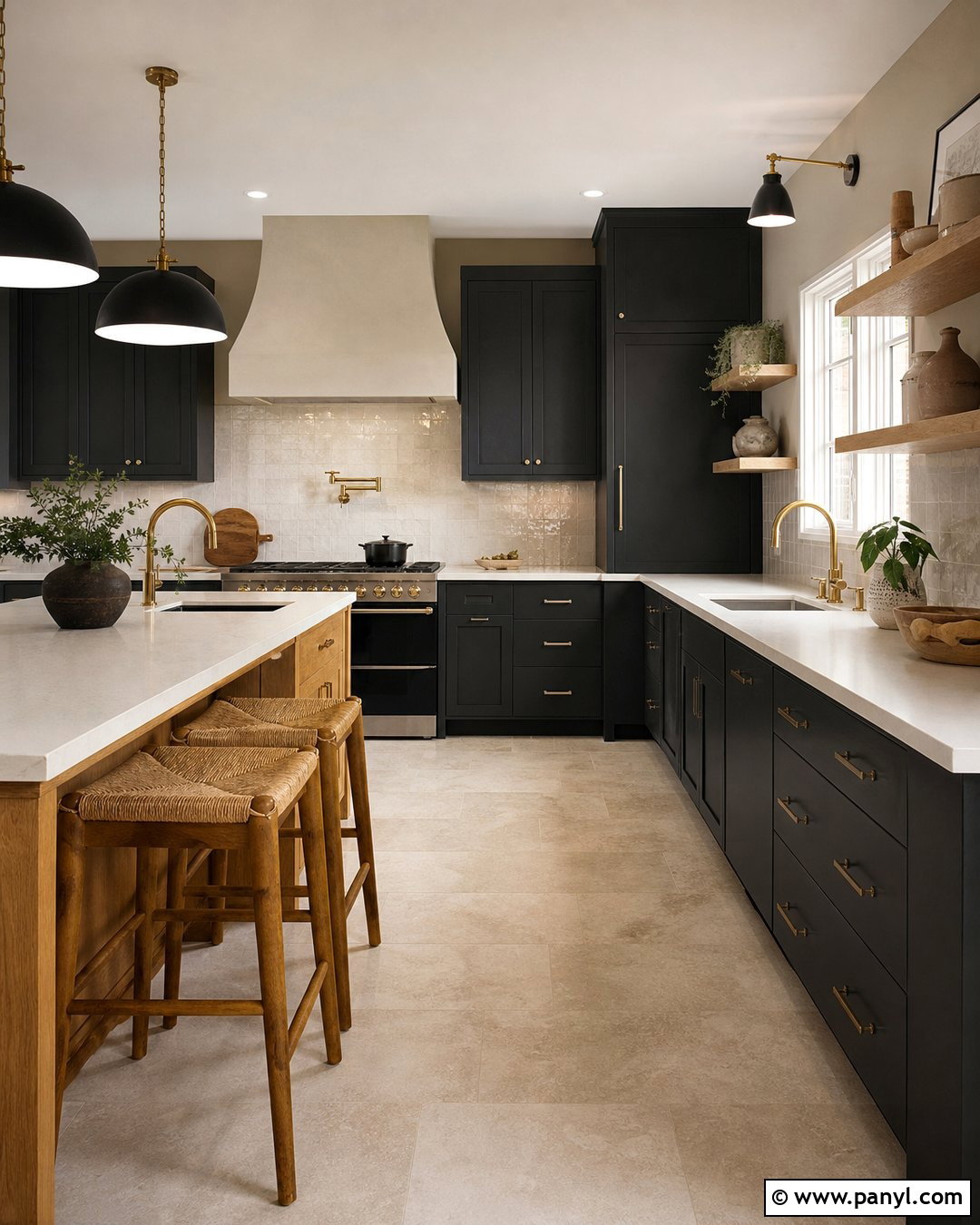 Black Cabinets With Warm Beige Walls - 20 Kitchen Cabinet And Wall Paint Ideas