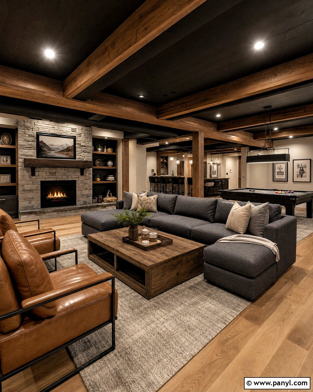 Black Ceiling With Wood Beams - 20 basement with black ceiling ideas