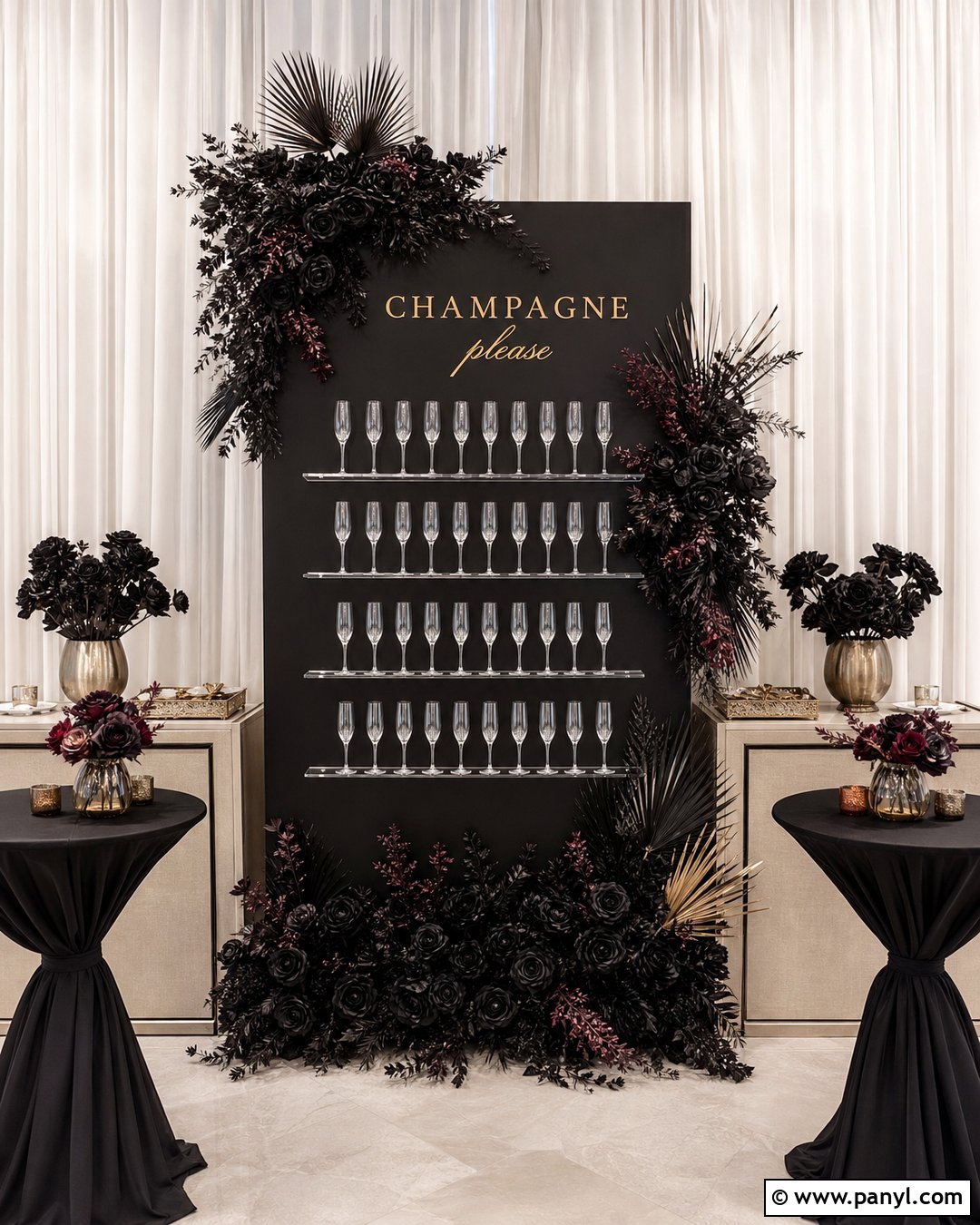 Black Champagne Wall With Black Flowers - 30 black champagne wall ideas