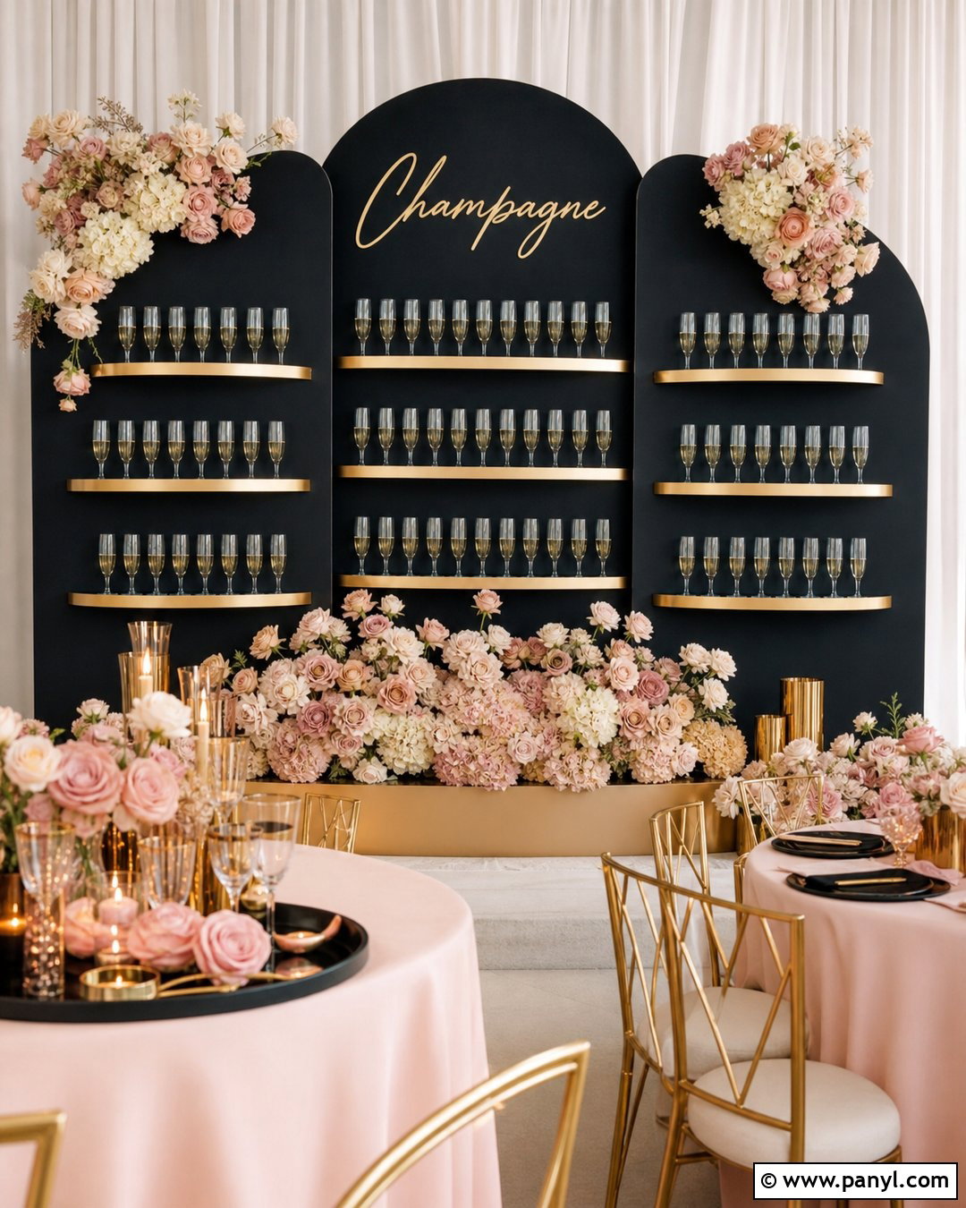 Black Champagne Wall With Blush Flowers - 30 black champagne wall ideas