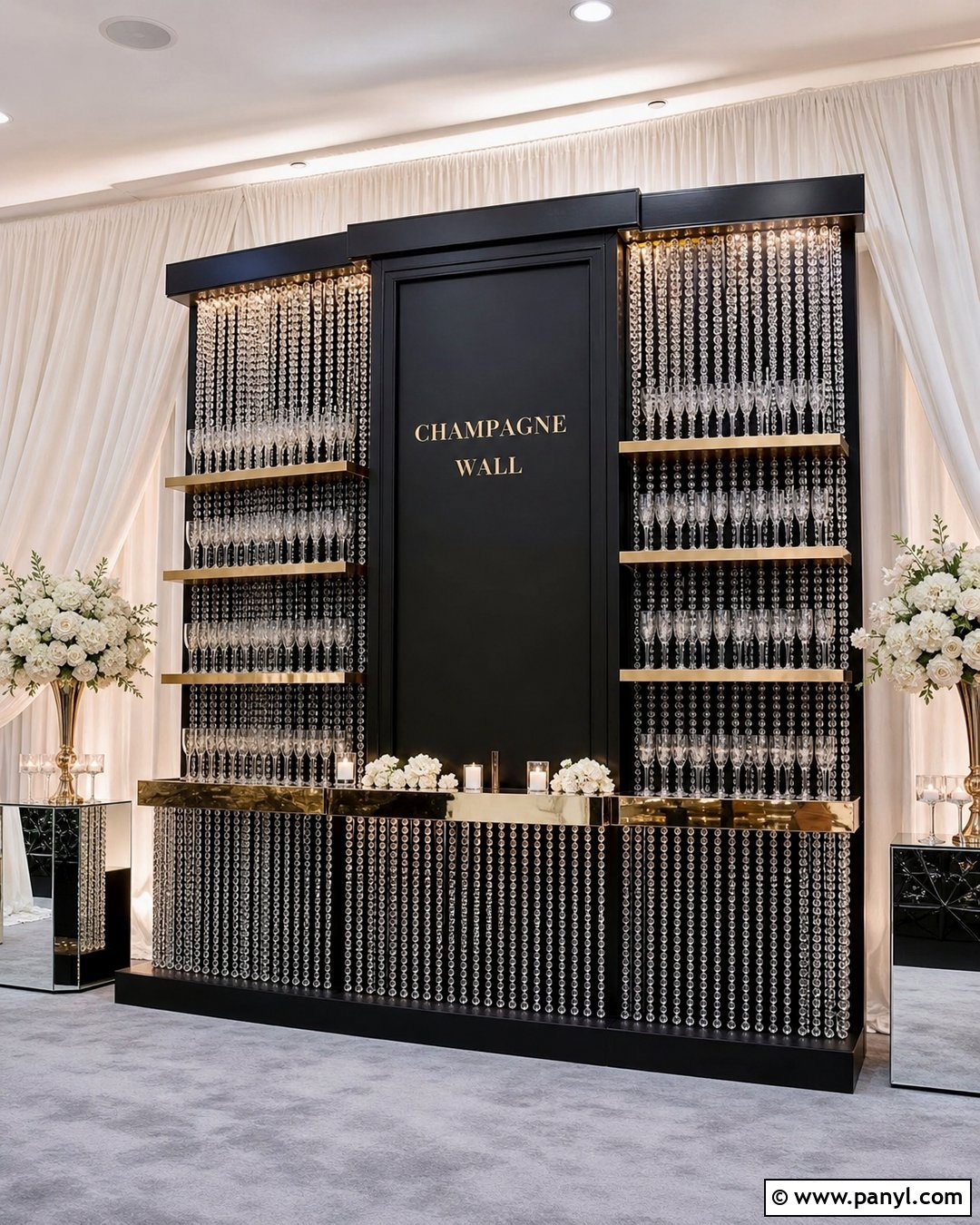 Black Champagne Wall With Crystal Curtains - 30 black champagne wall ideas