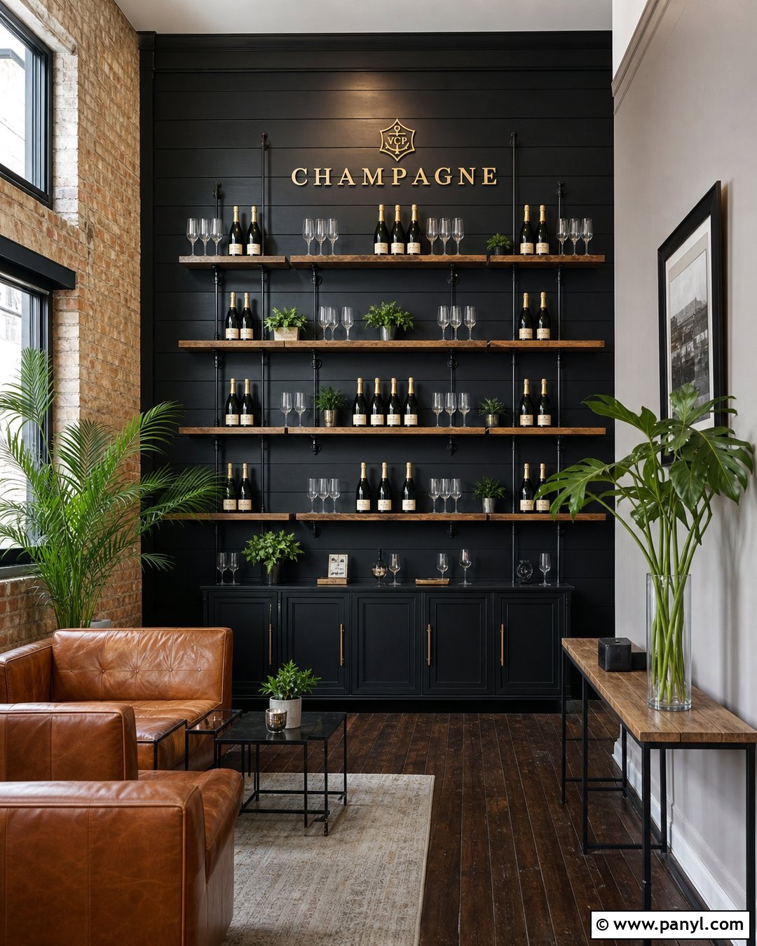 Black Champagne Wall With Industrial Pipe Shelves - 30 black champagne wall ideas