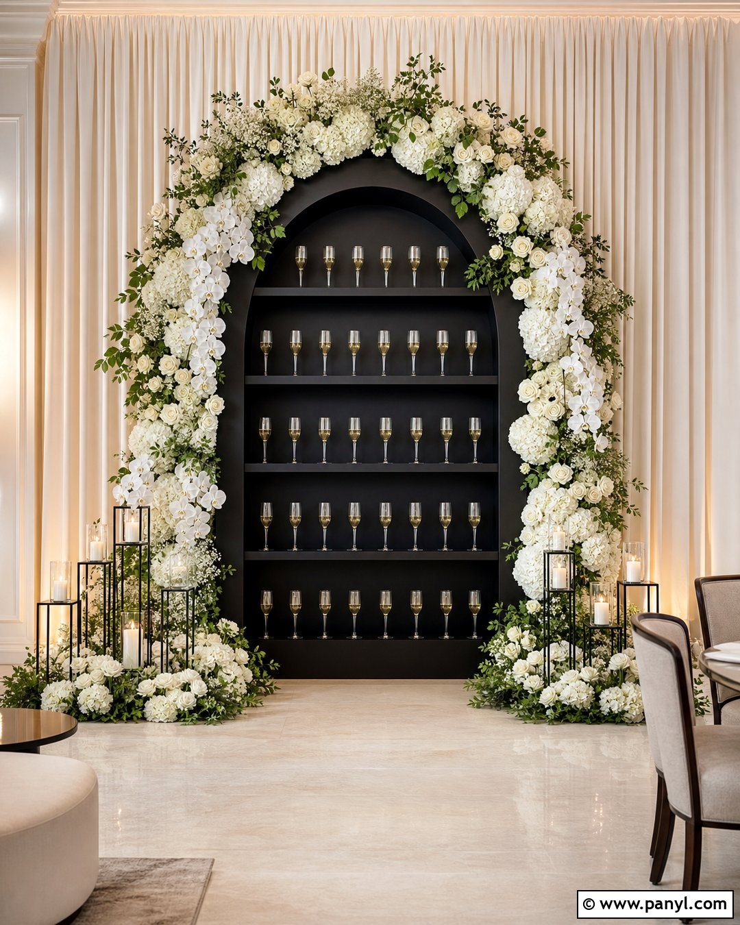 Black Champagne Wall With White Flowers - 30 black champagne wall ideas