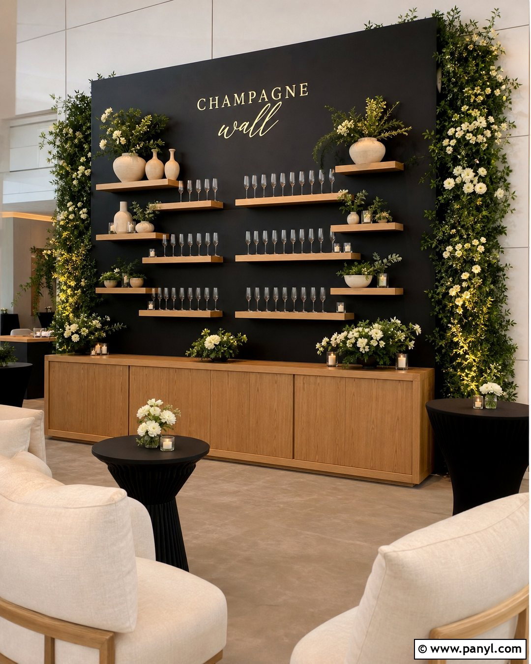 Black Champagne Wall With Wood Shelves - 30 black champagne wall ideas
