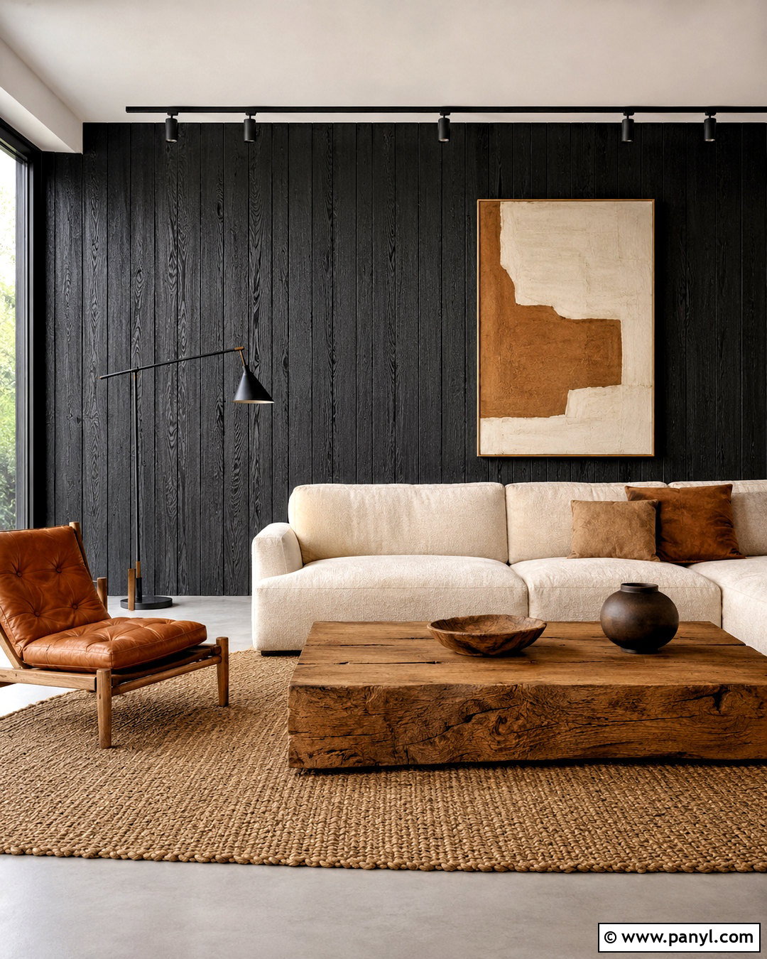 Black Charred Wood Living Room Wall - 20 black textured wall ideas