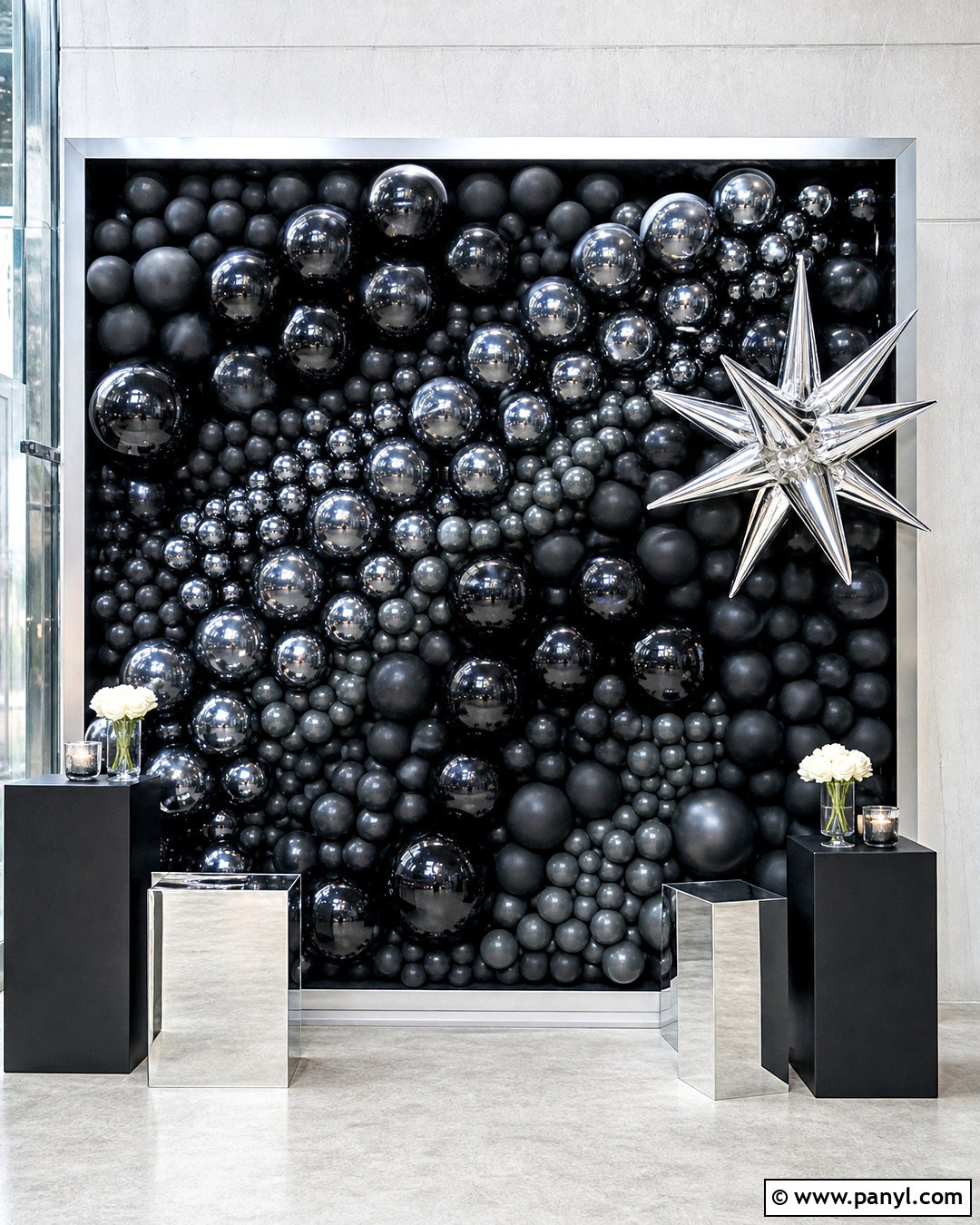 Black Chrome Balloon Wall - 20 black balloon wall ideas