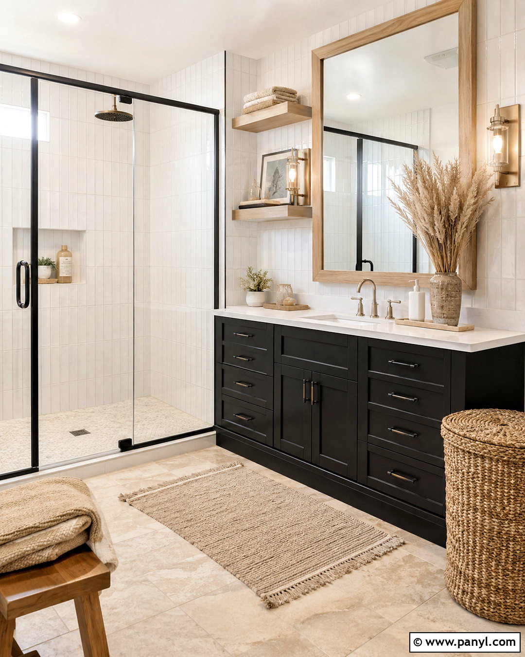 Black Coastal Bathroom With Light Wood - 20 black bathroom aesthetic ideas