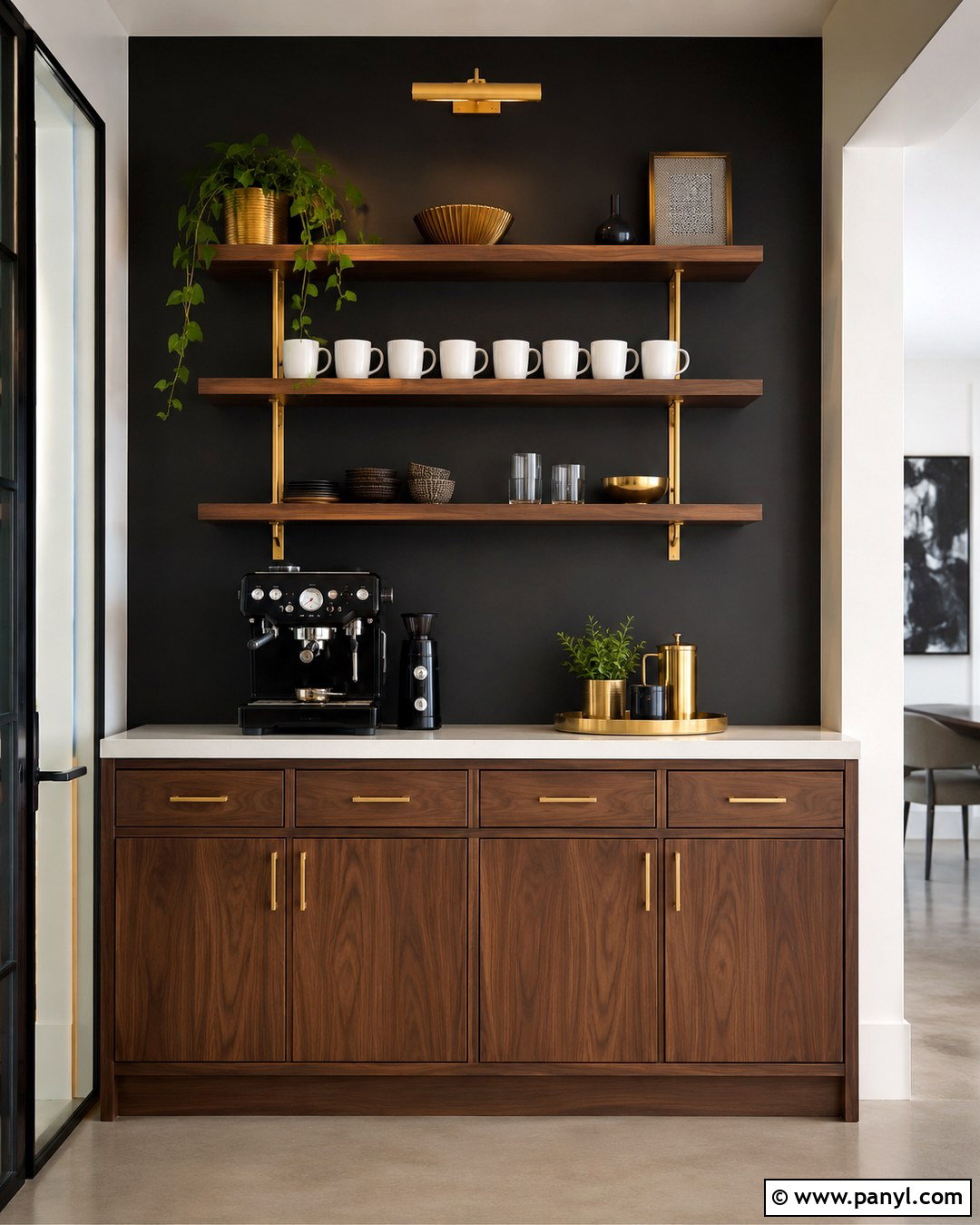 Black Coffee Bar With Brass Accents - 20 Black Accent Wall Coffee Bar Ideas