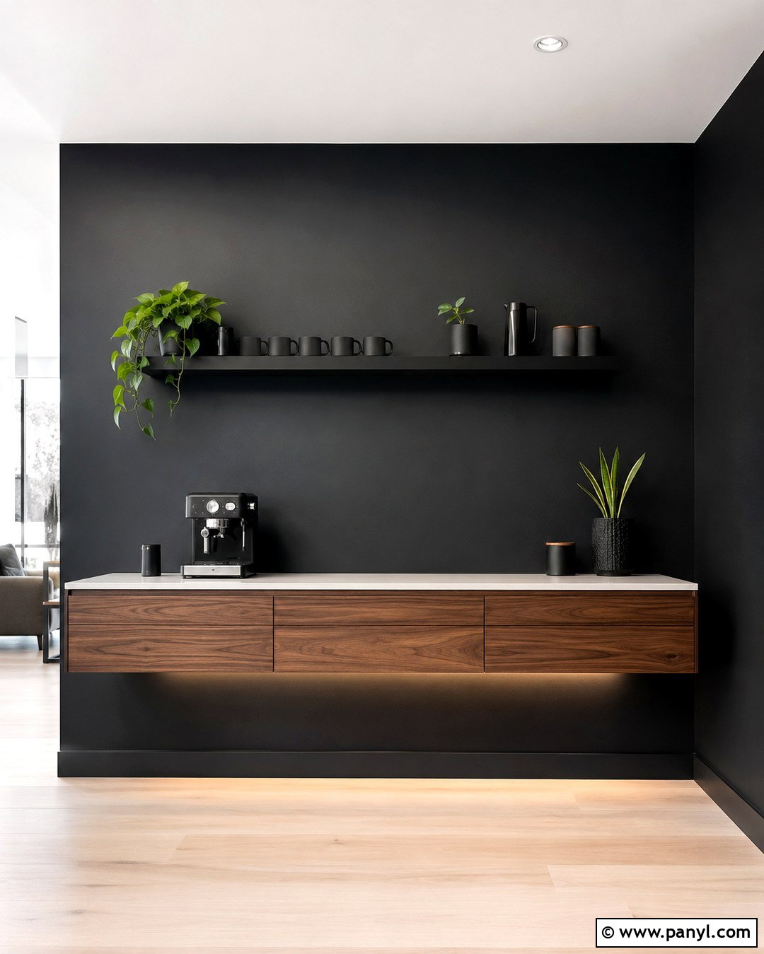 Black Coffee Bar With Floating Cabinet - 20 Black Accent Wall Coffee Bar Ideas