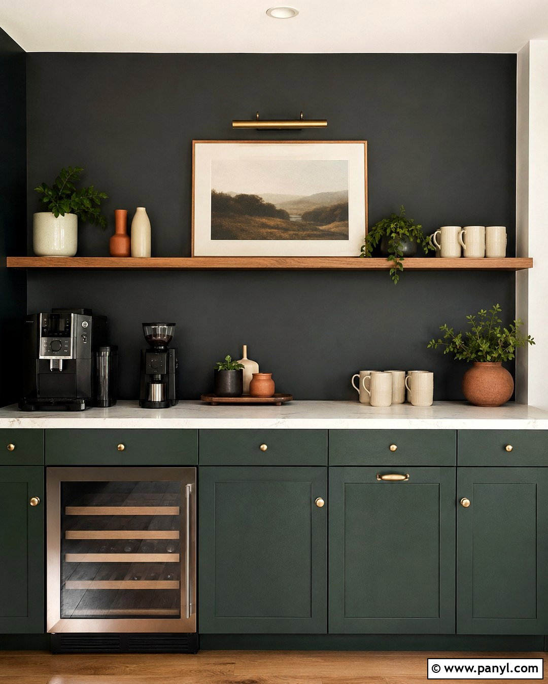 Black Coffee Bar With Green Cabinets - 20 Black Accent Wall Coffee Bar Ideas