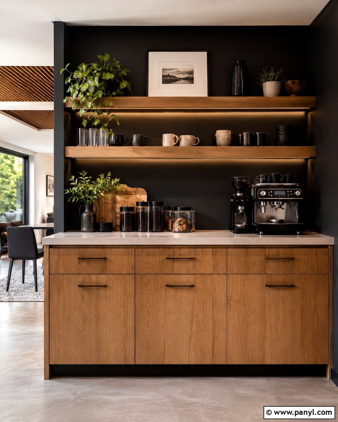 Black Coffee Bar With Natural Oak Cabinets - 20 Black Accent Wall Coffee Bar Ideas