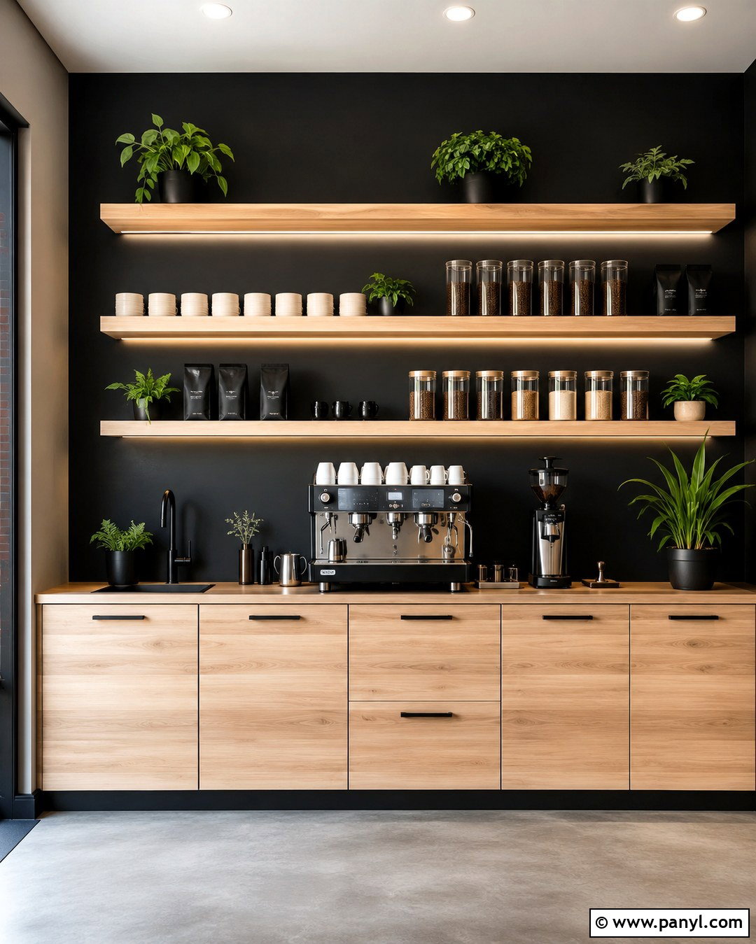 Black Coffee Bar With Open Shelving - 20 Black Accent Wall Coffee Bar Ideas